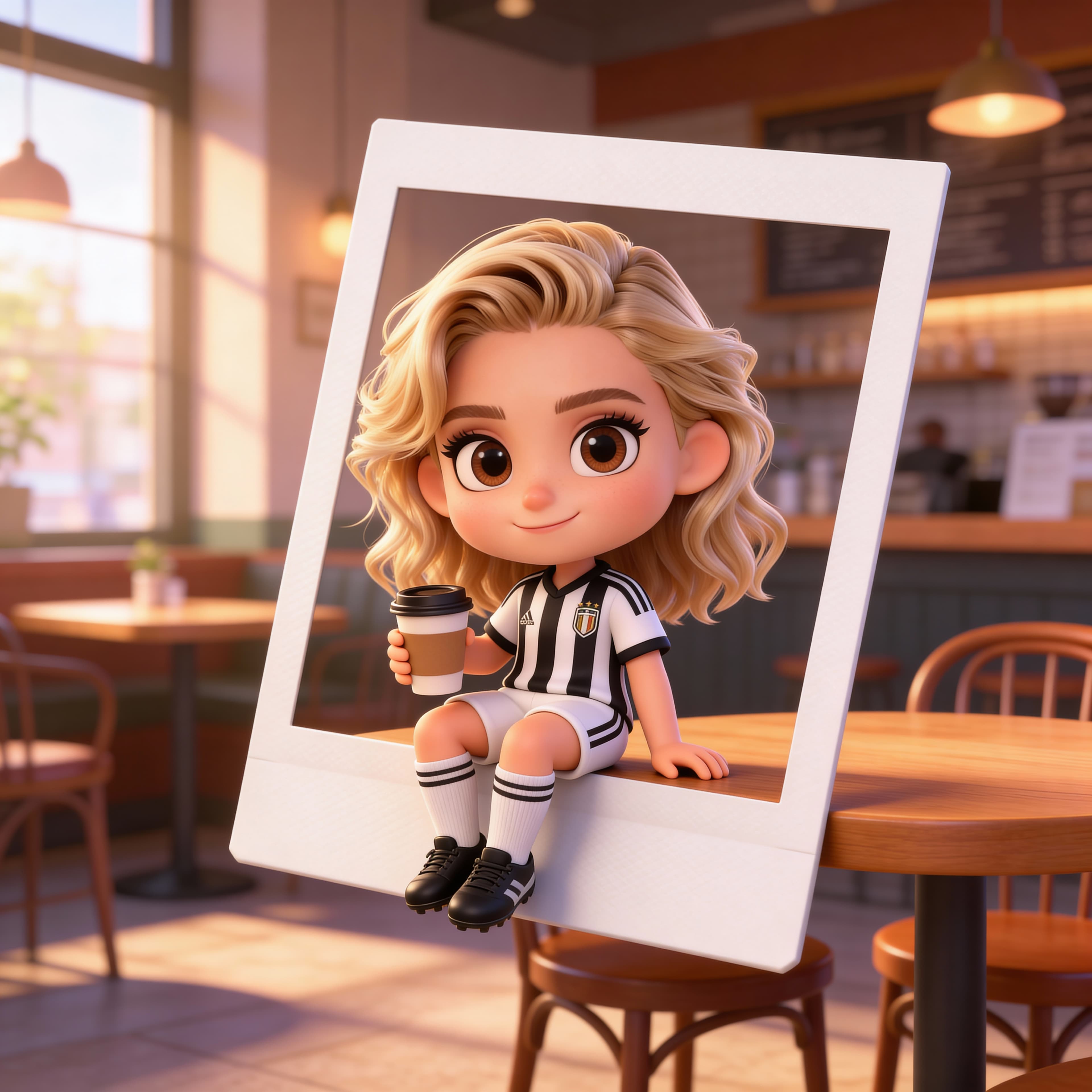 Example: chibi character sitting on a Polaroid frame in a café