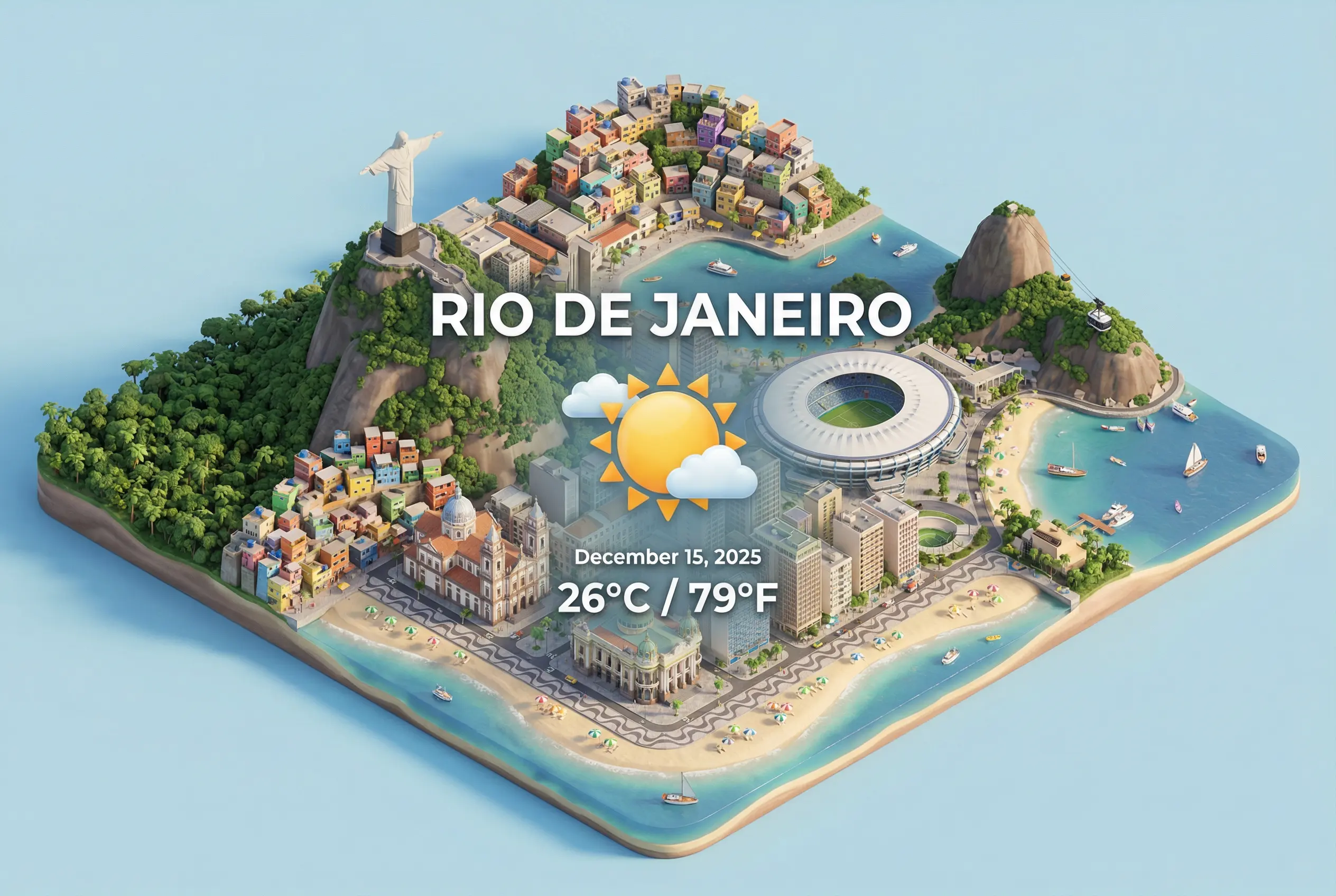 Example: isometric city weather card with data overlay