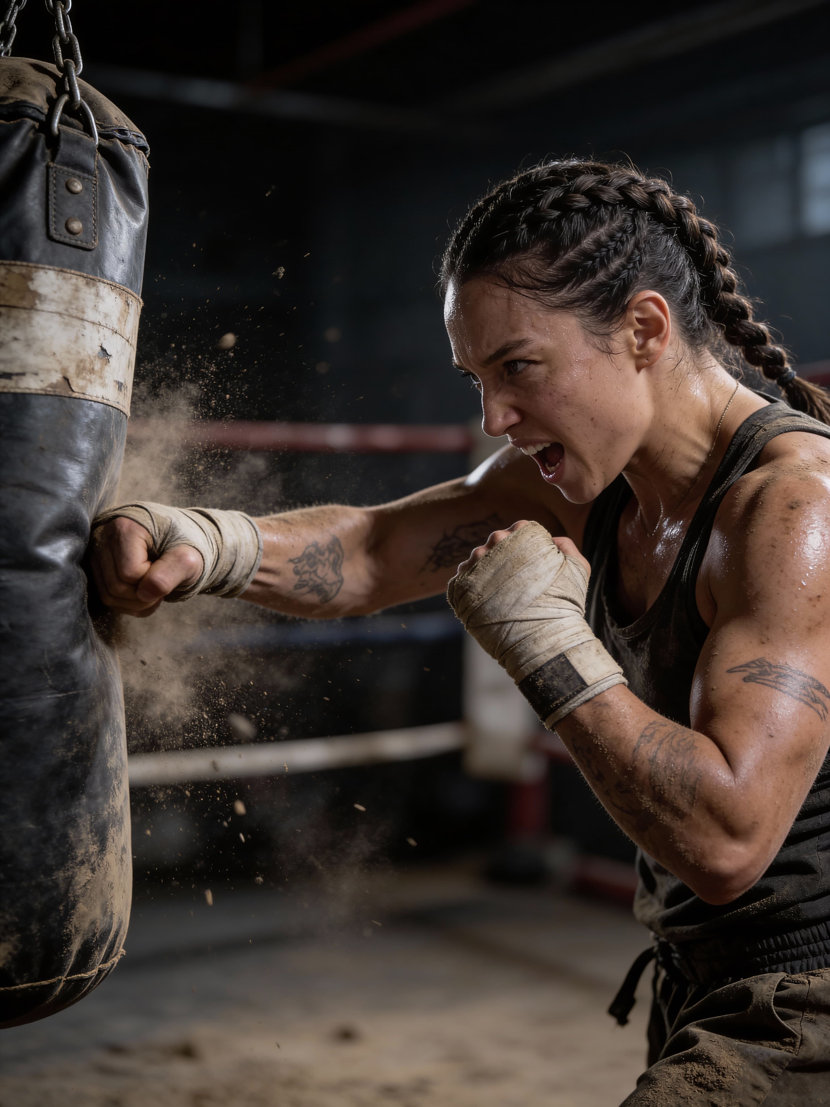 Example: cinematic fighter portrait in a dusty boxing gym