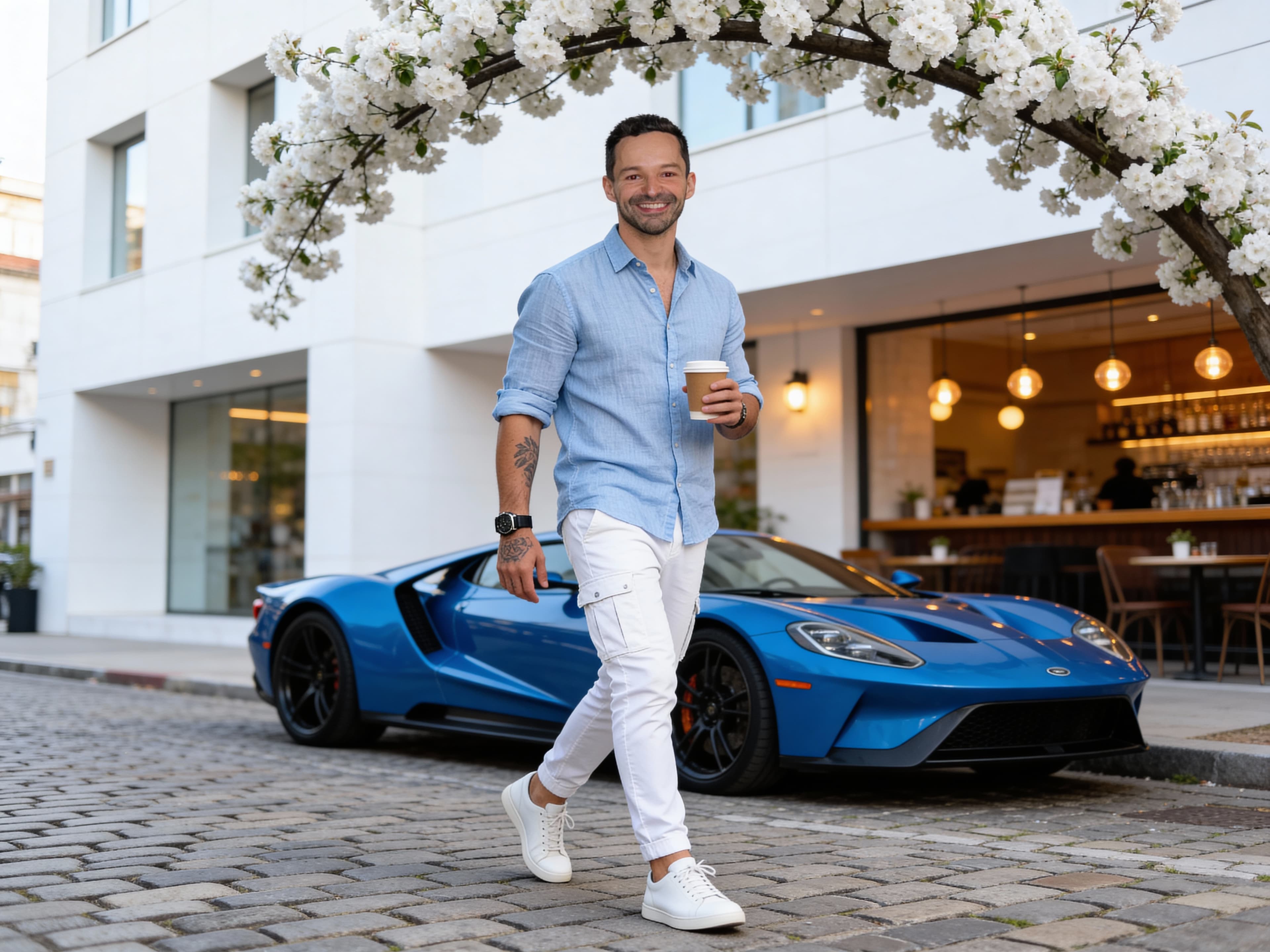 Example: street portrait walking past a blue supercar