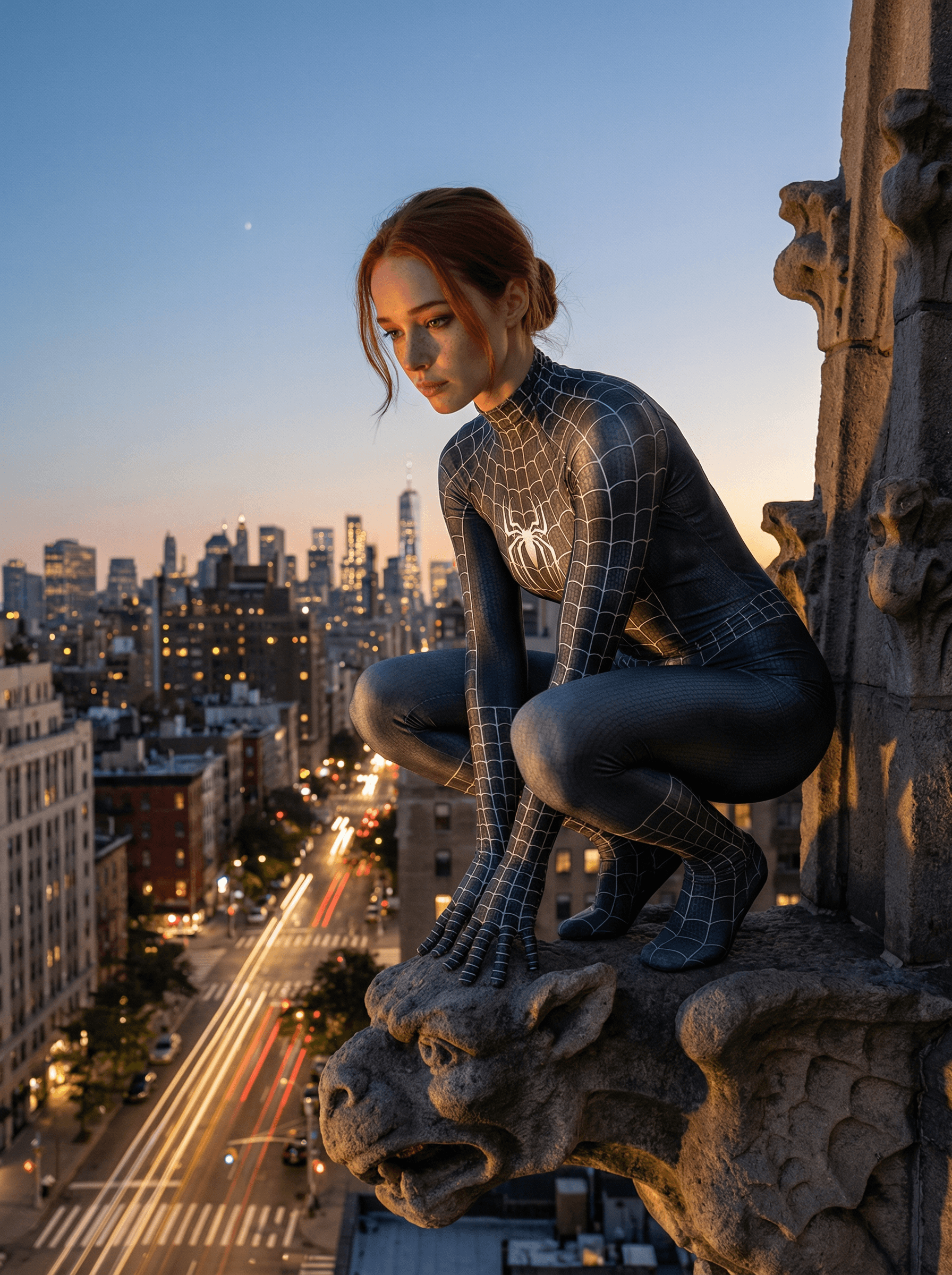 Example: Spider-Woman-inspired gargoyle portrait at golden hour