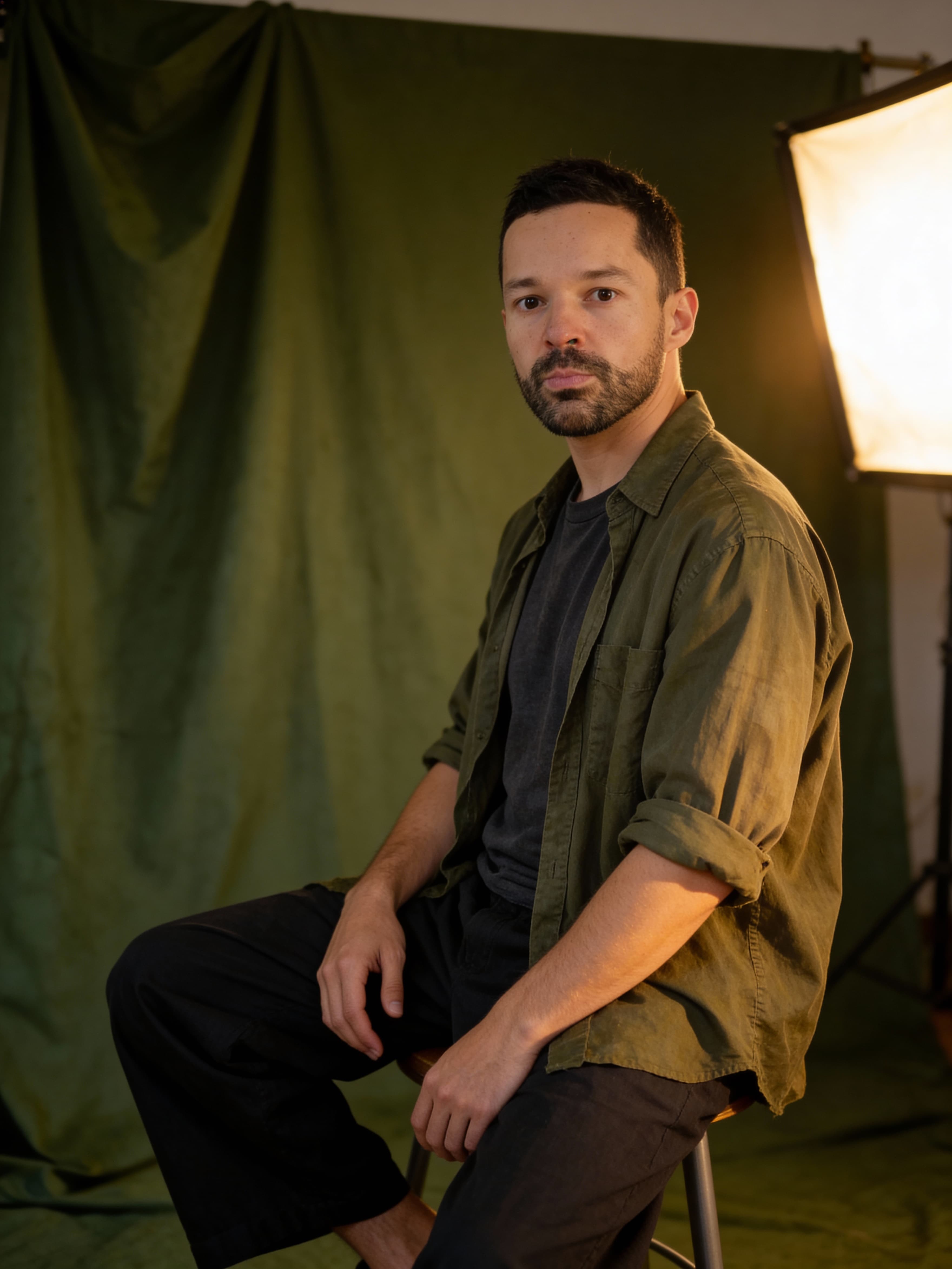 Example: studio portrait with olive wardrobe and warm lighting