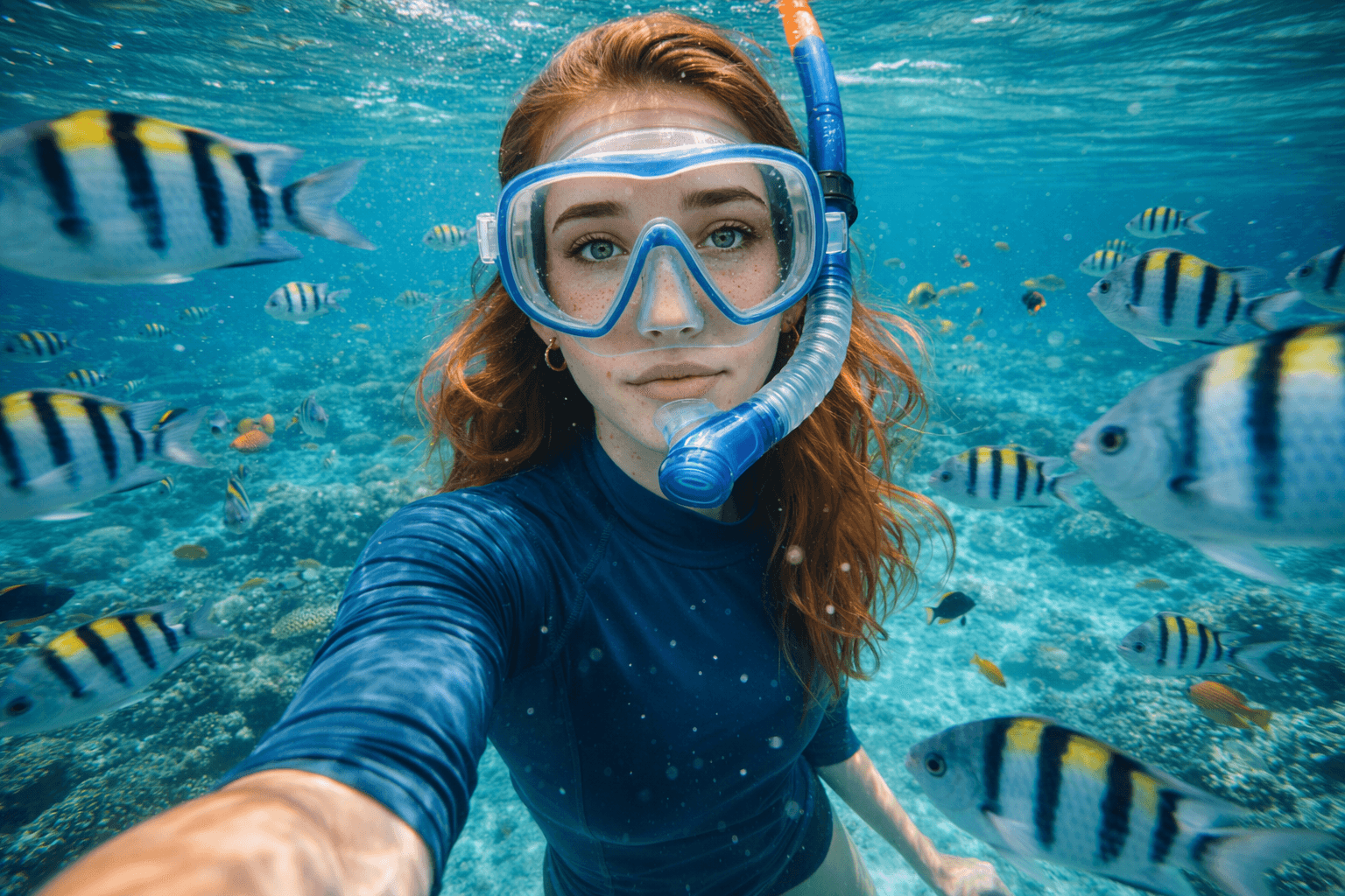 Example: underwater snorkeling portrait with tropical fish