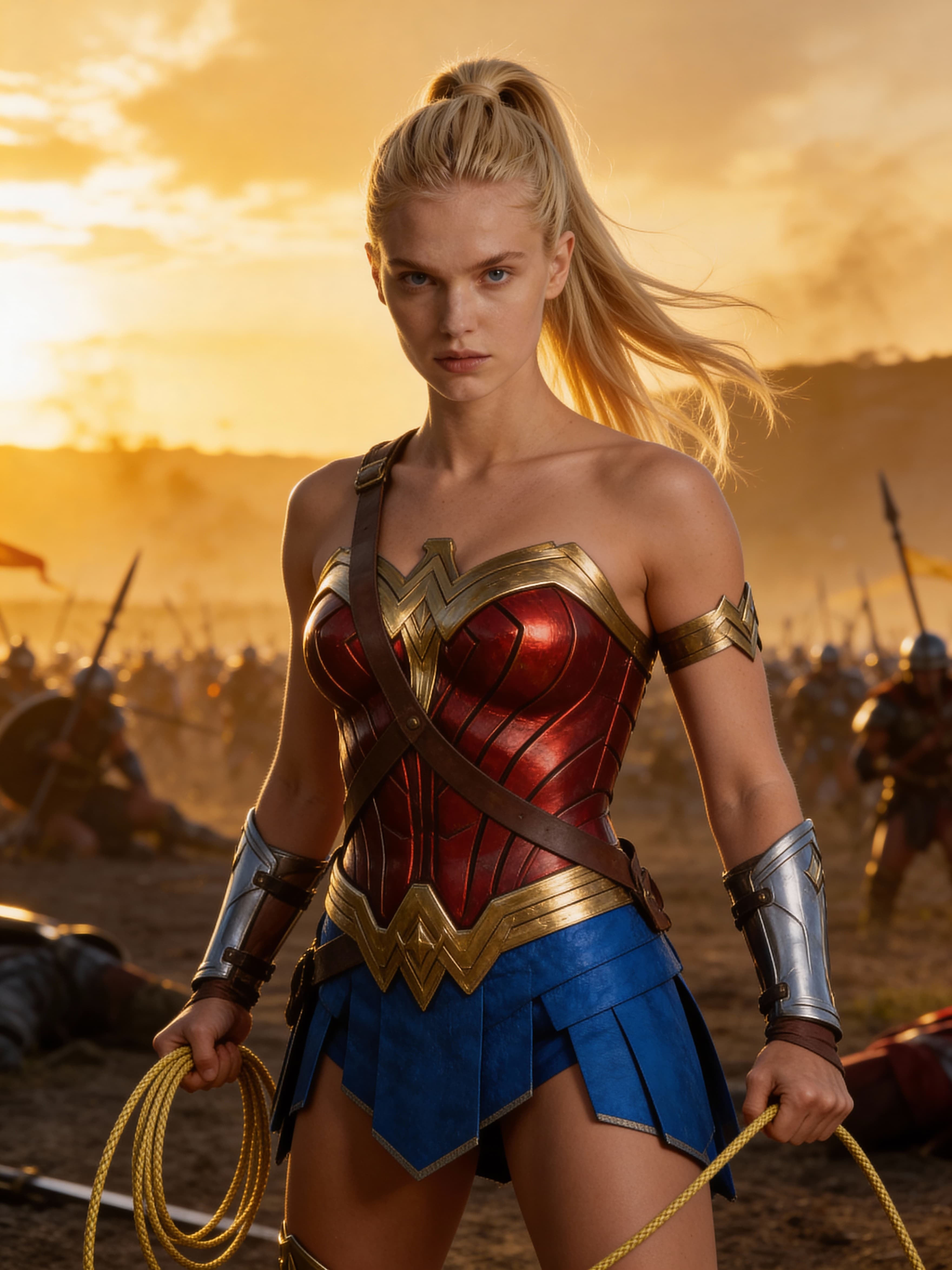Example: Wonder Woman-inspired portrait with golden-hour battlefield lighting