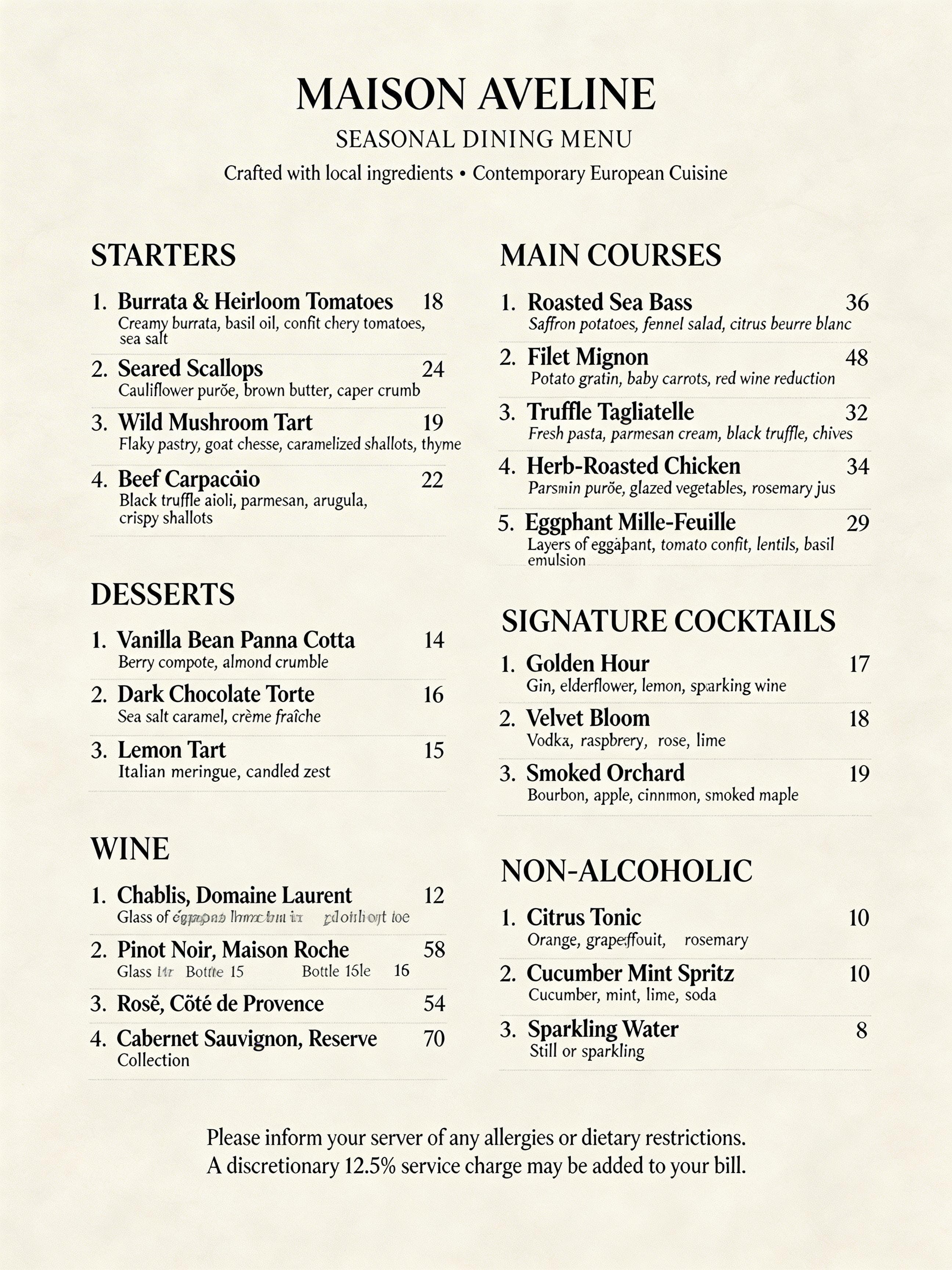 Seasonal dining menu editorial layout benchmark by Seedream 5.0 Lite