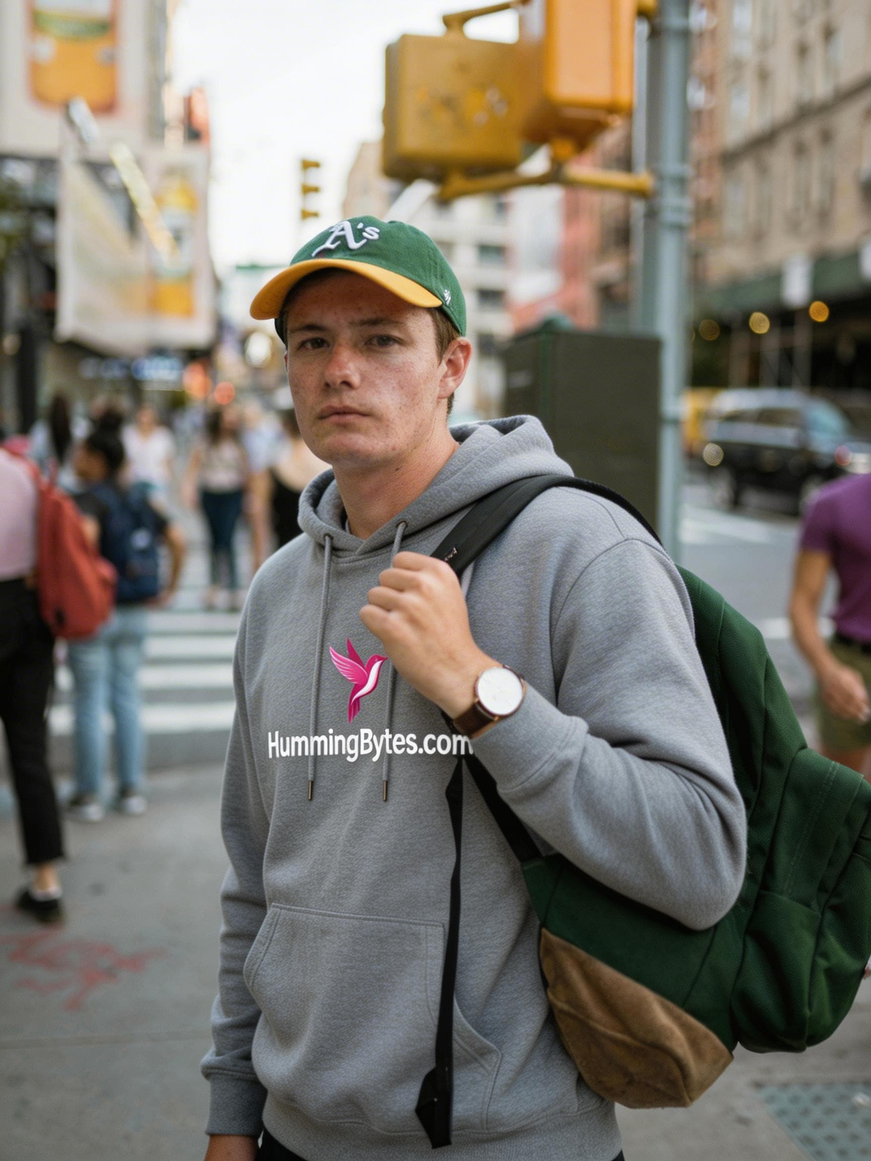 Image composition benchmark by Seedream 5.0 Lite with the man wearing the reference hoodie