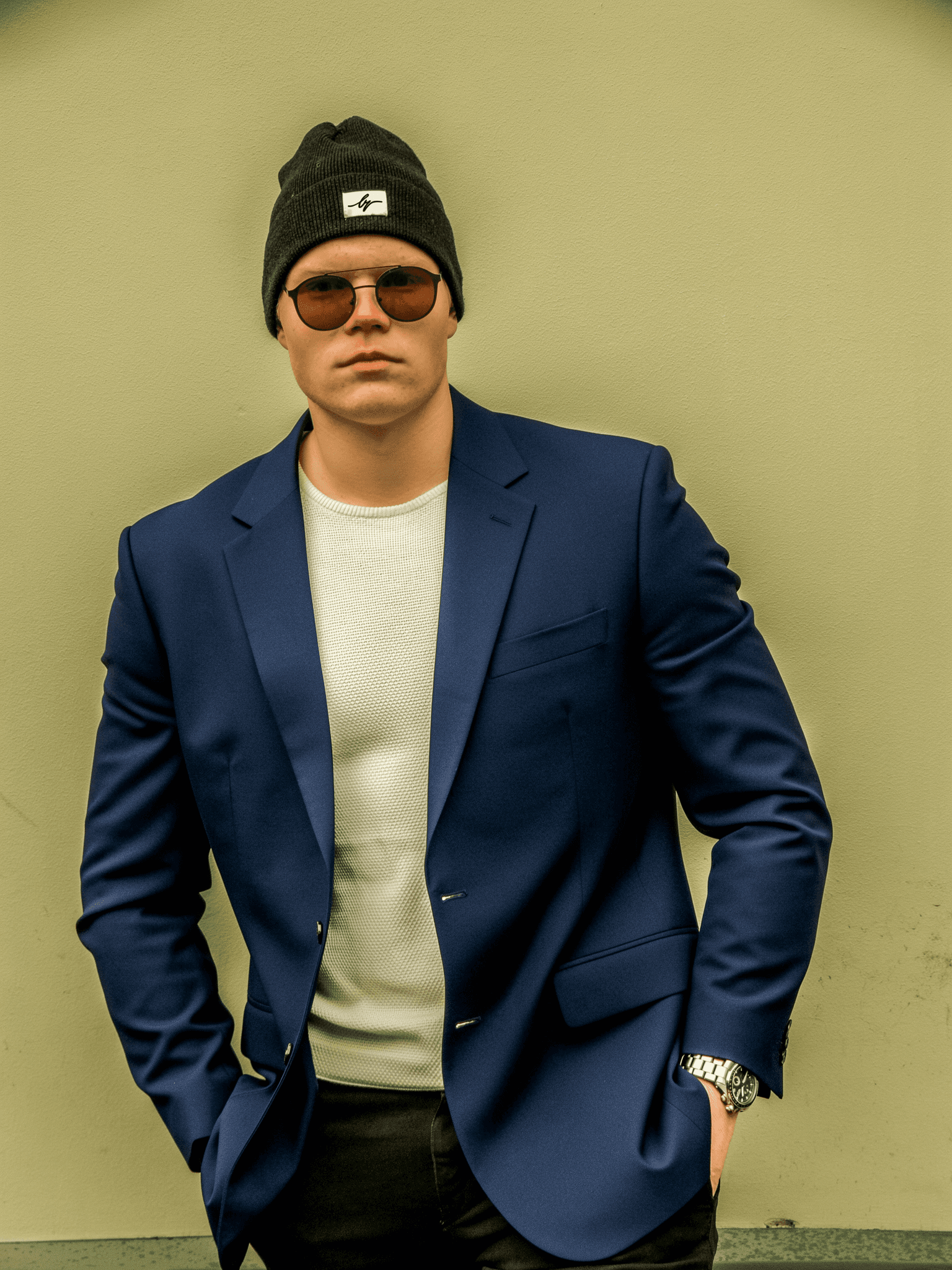 Parka replaced with navy blazer by FLUX.2 Flex