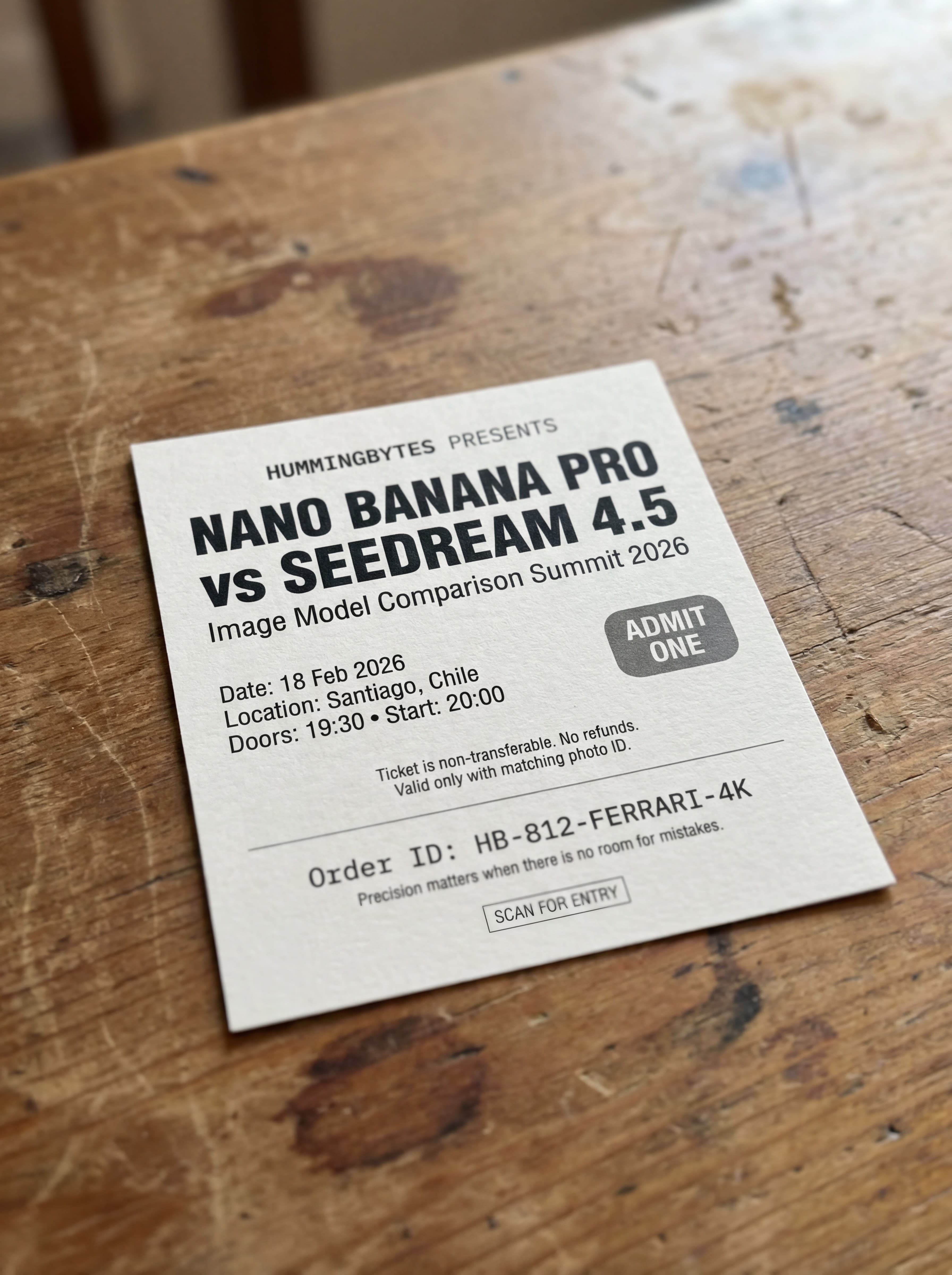 Printed event ticket text rendering test by Nano Banana Pro with less consistent text clarity