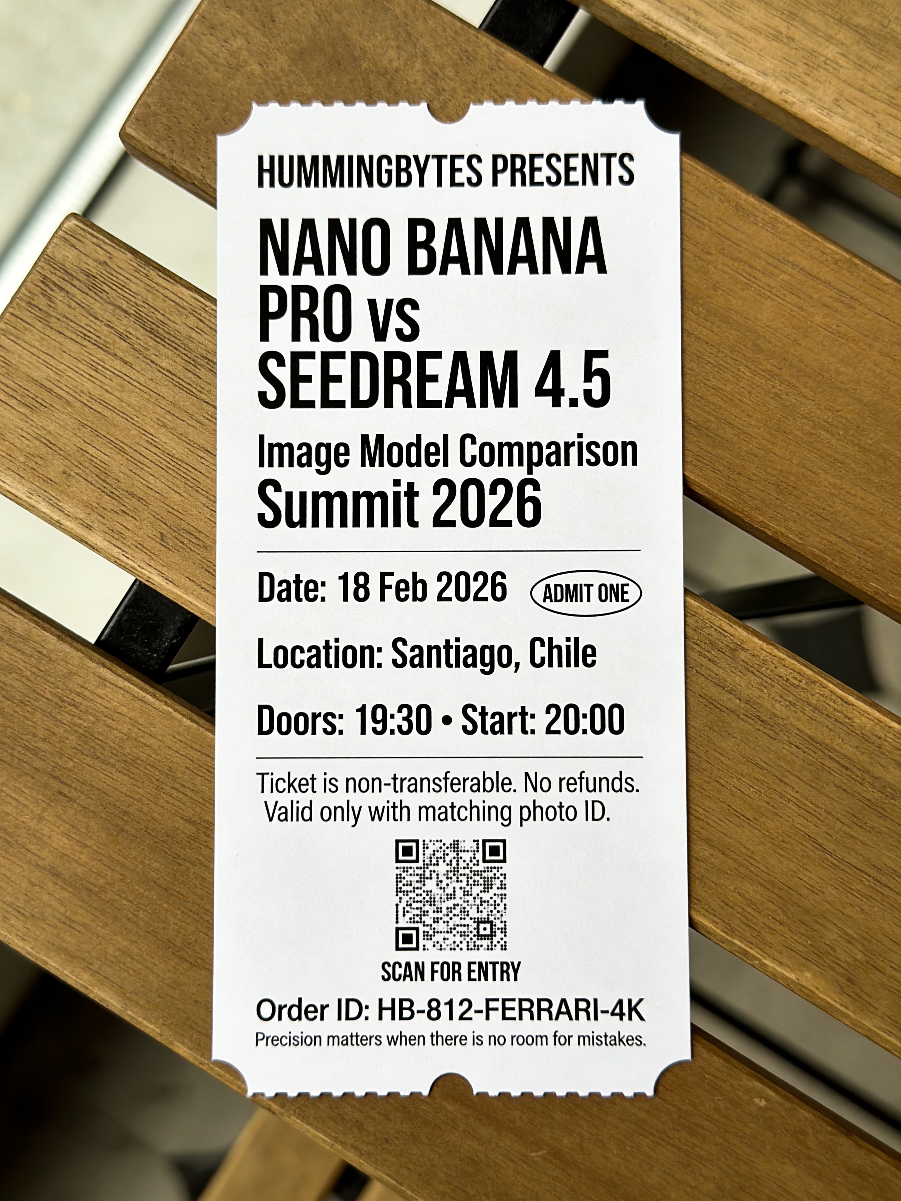 Printed event ticket text rendering test by Seedream 4.5 with stronger text legibility and cleaner typography