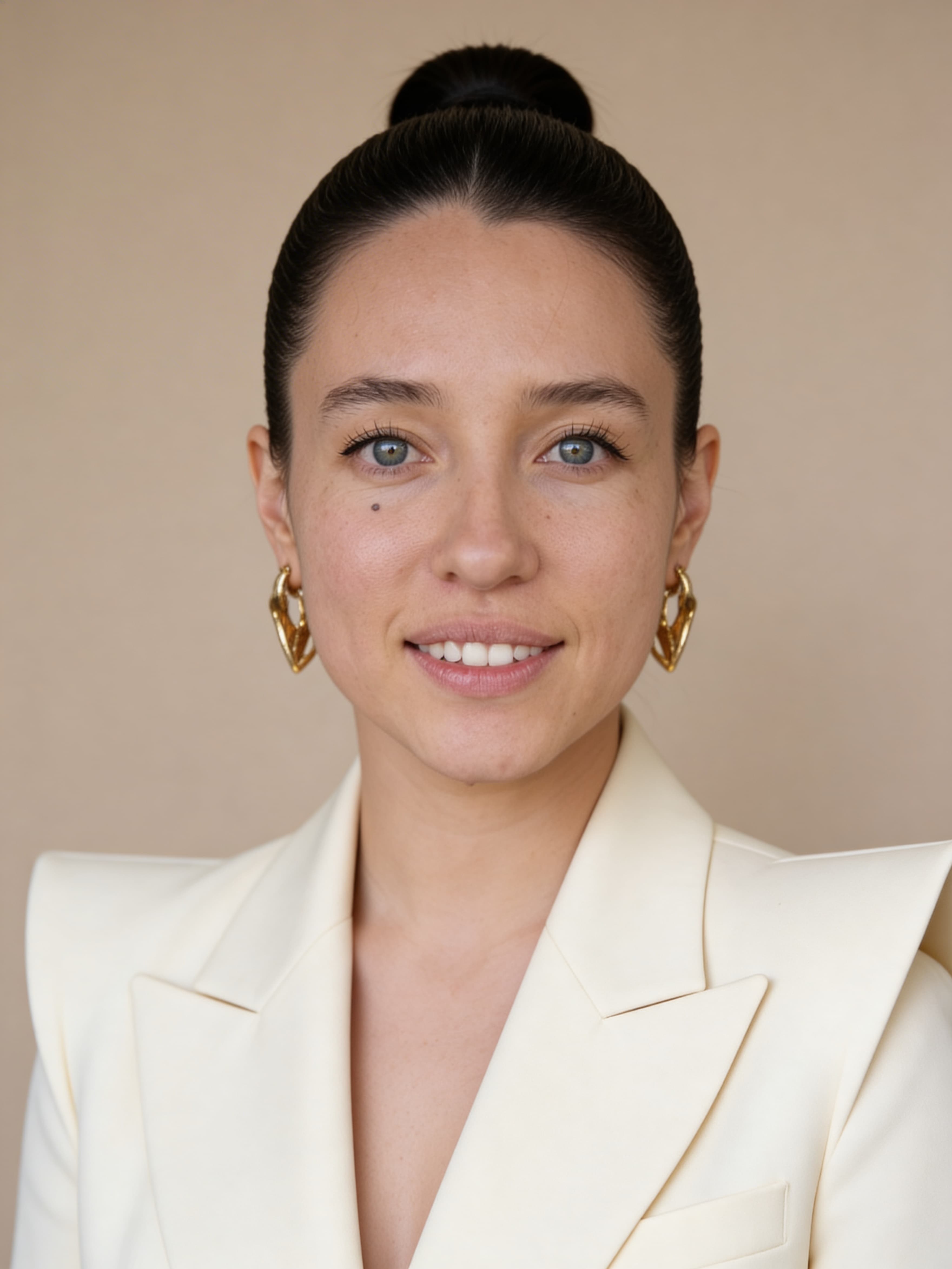 Editorial studio headshot portrait by Seedream 4.5 with strong face fidelity and clean studio lighting