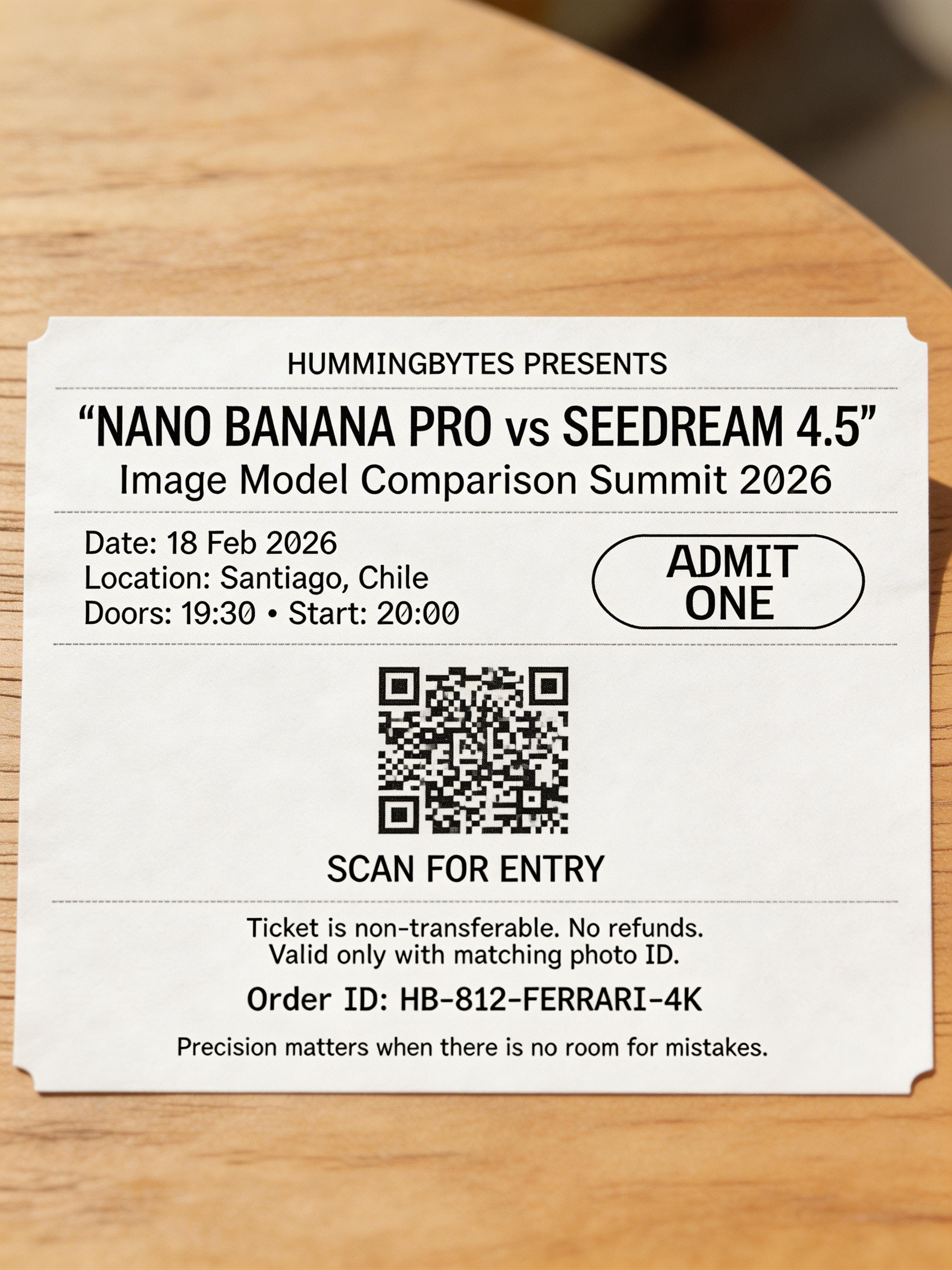 Printed event ticket text rendering test by Seedream 5.0 Lite with less consistent text clarity
