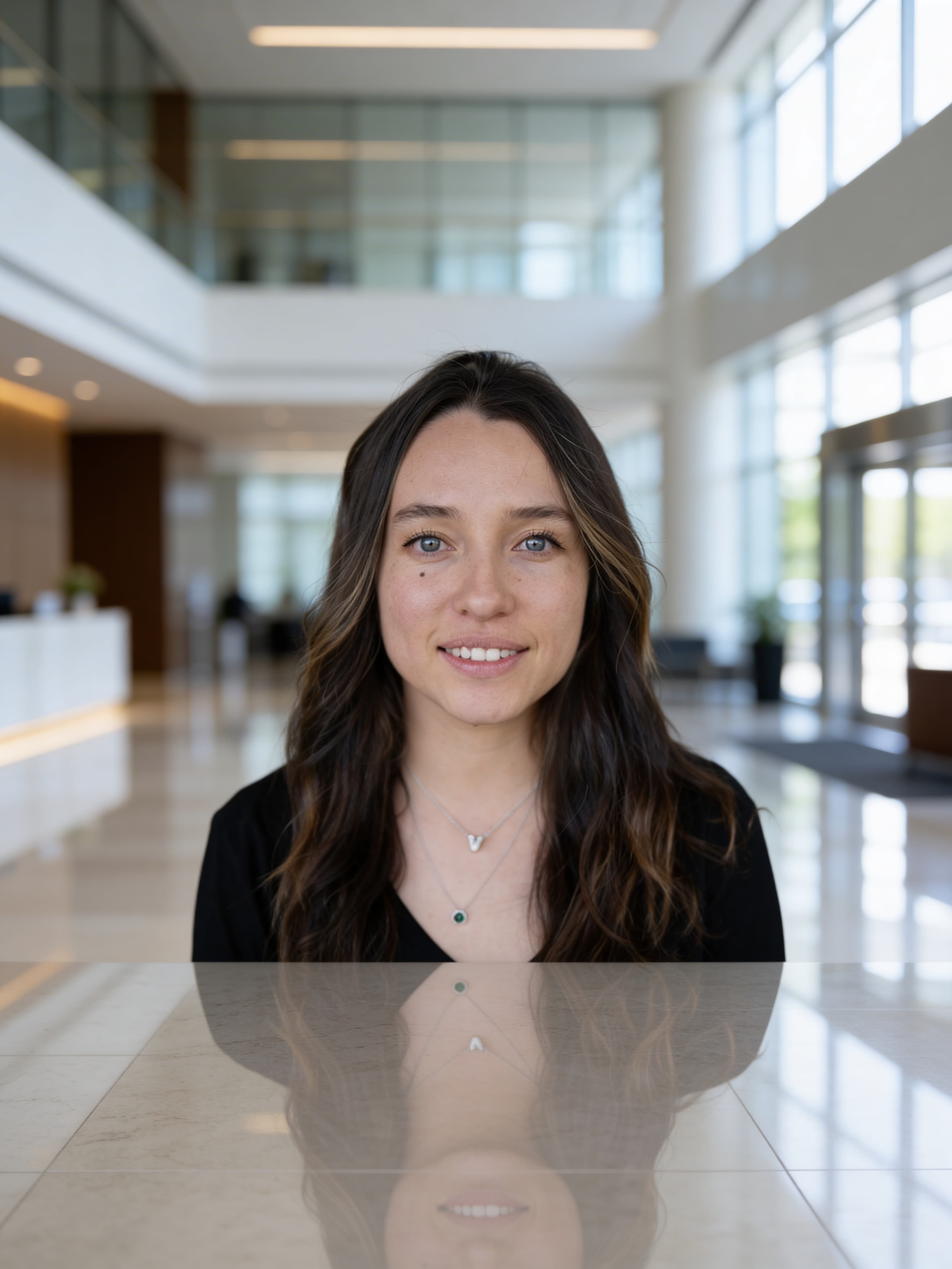 Portrait with background replaced to corporate office lobby by Seedream 4.5