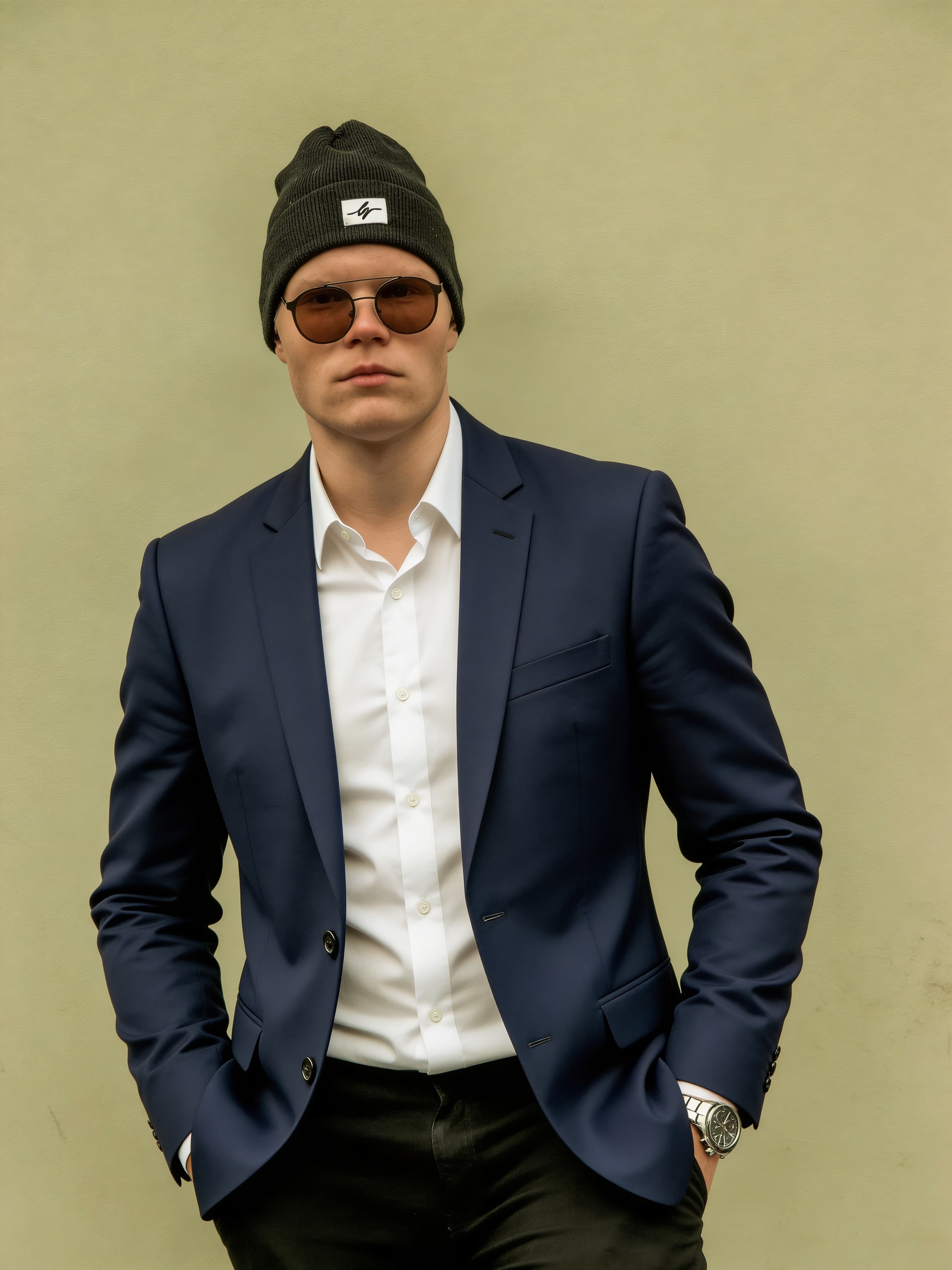 Parka replaced with navy blazer by Seedream 4.5 with altered body proportions