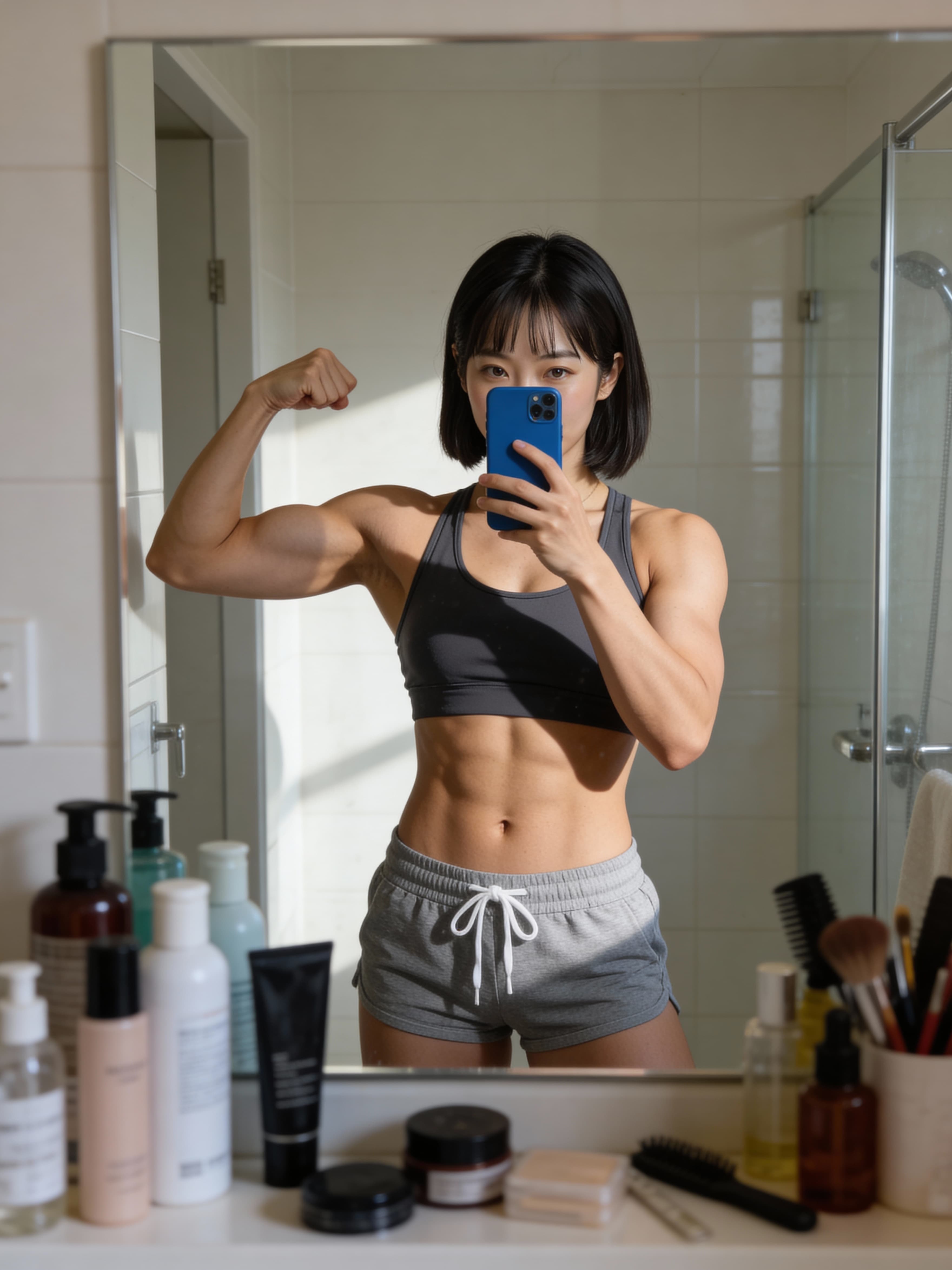 Fitness mirror selfie with soft natural light