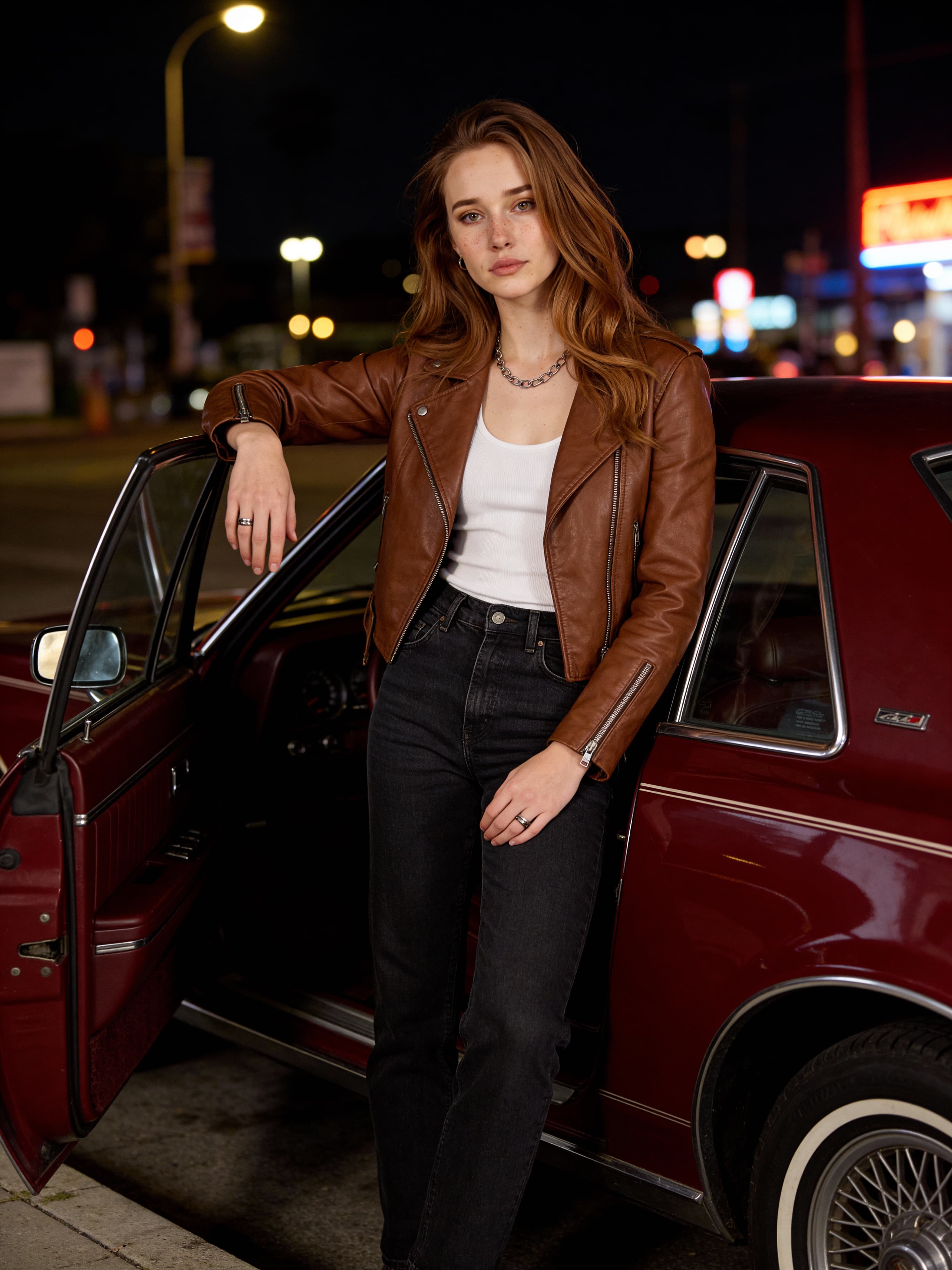 Example: cinematic portrait by a red sports coupe at night