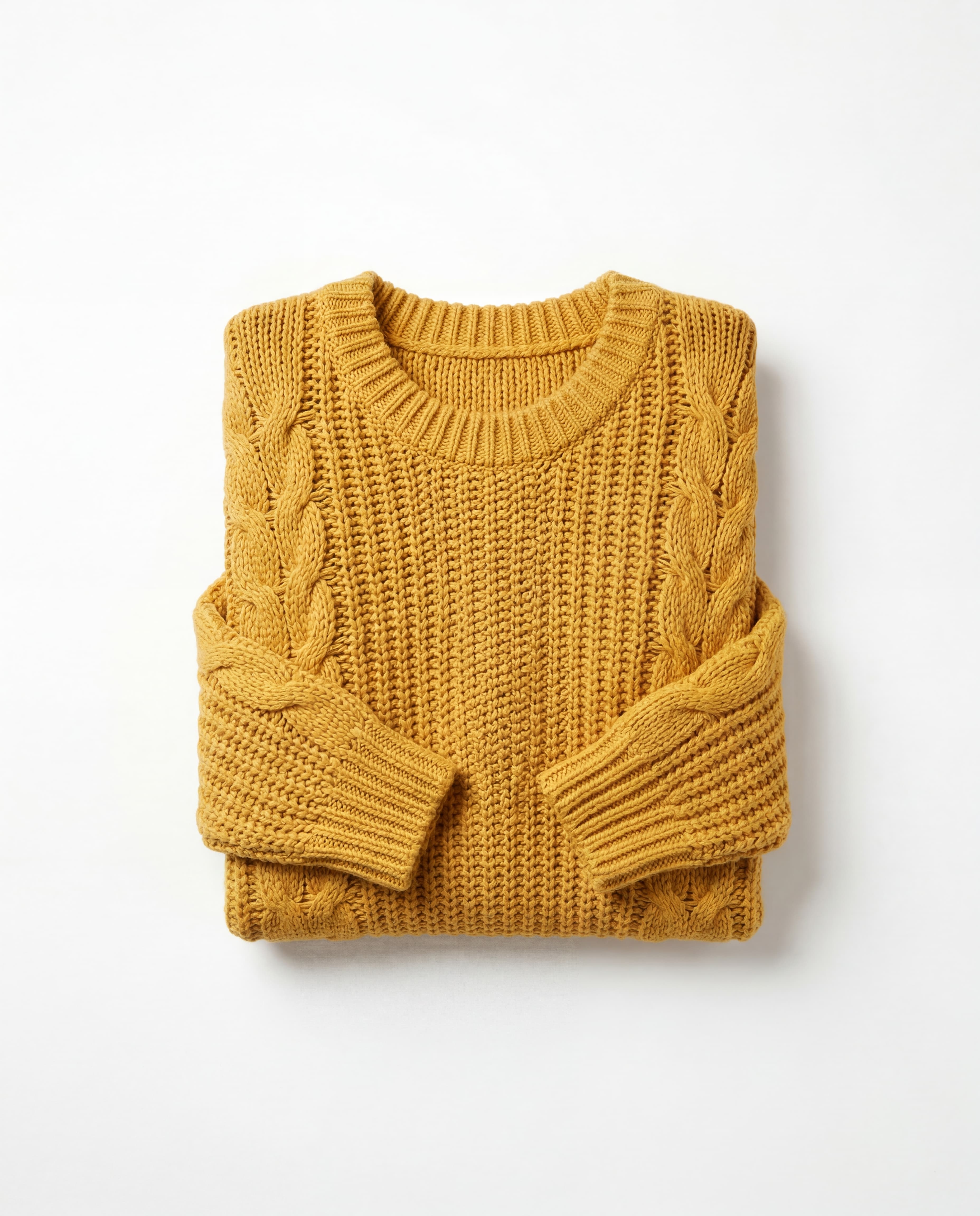 Imagen ecommerce limpia en flat lay de un suéter oversized color mostaza sobre fondo blanco puro