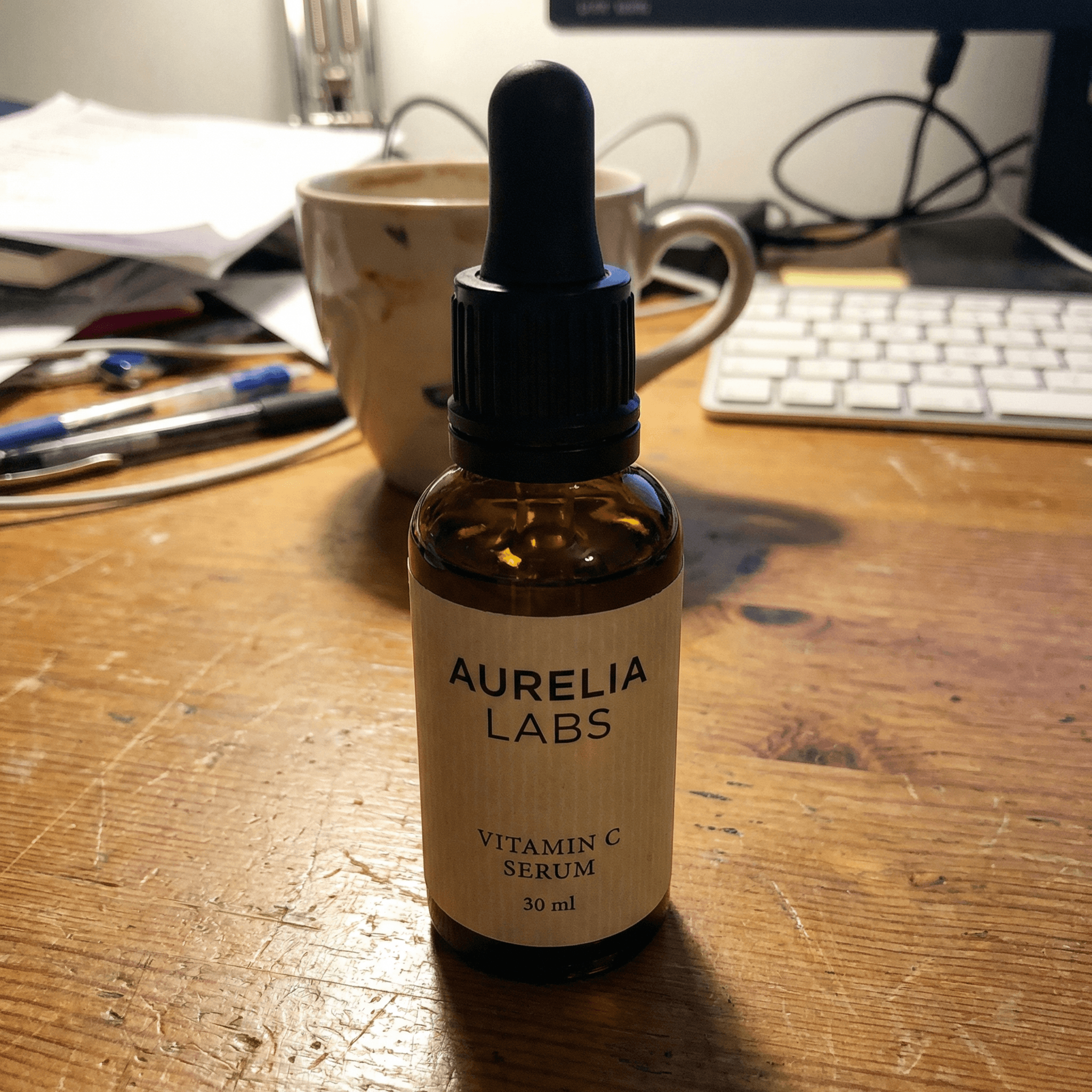Raw source photo of an Aurelia Labs vitamin C serum before Amazon listing cleanup
