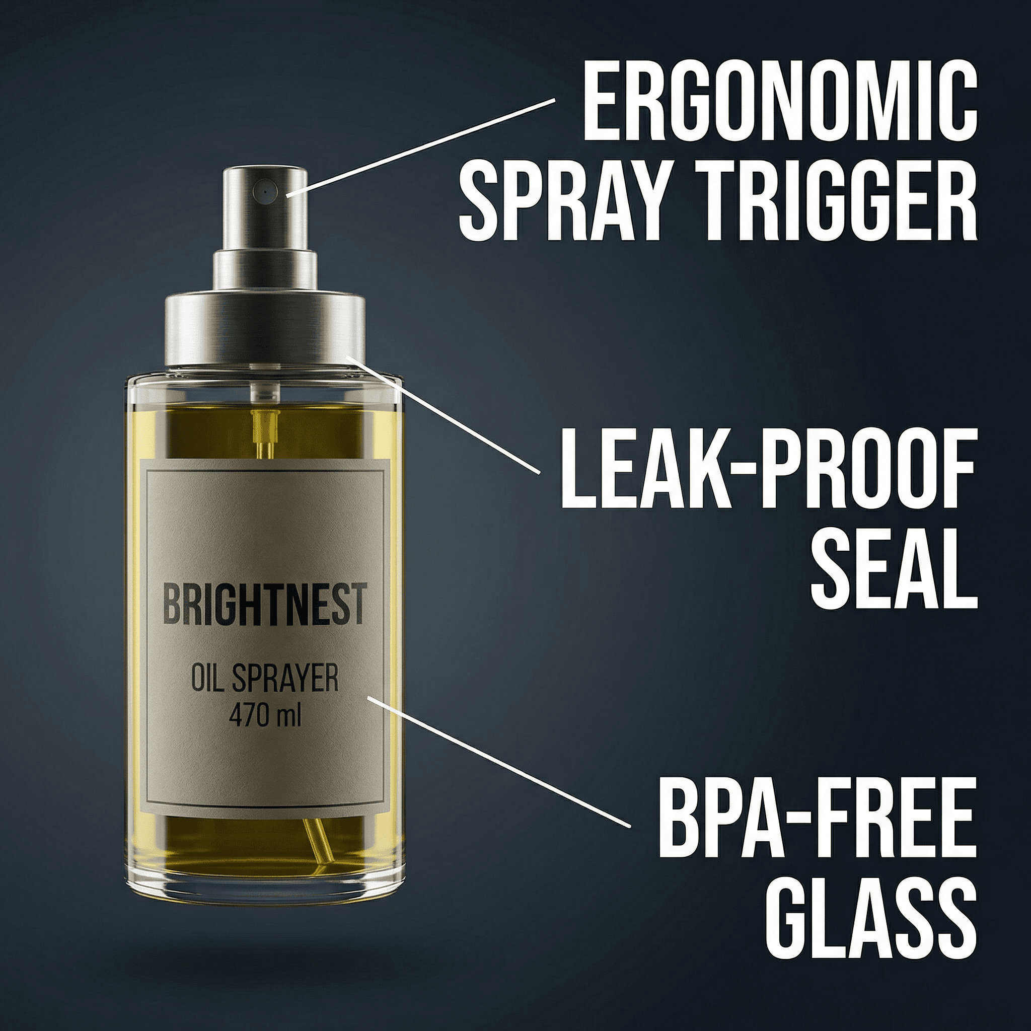 Feature callout graphic for the Brightnest oil sprayer highlighting key selling points