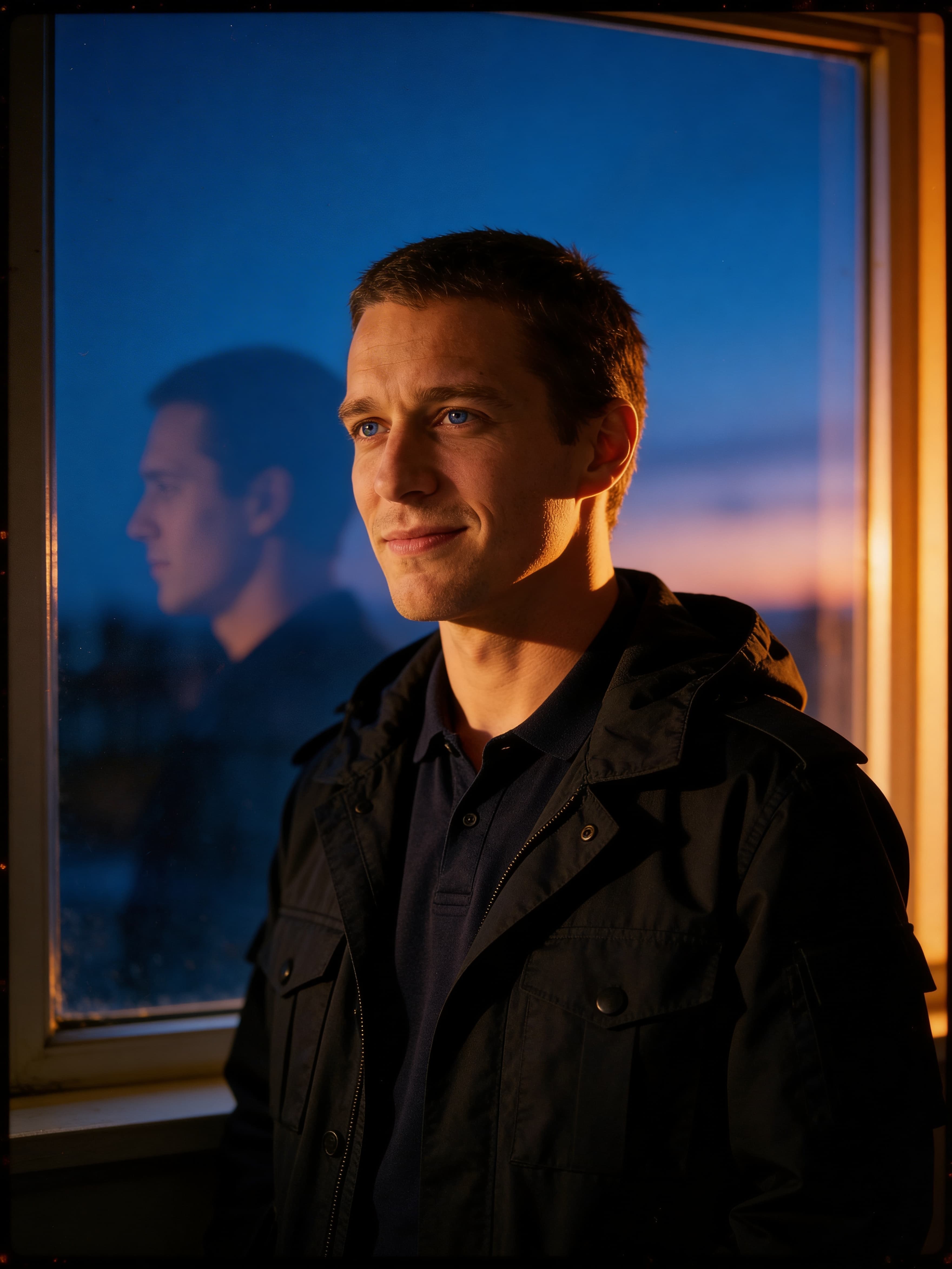 Example: cinematic film portrait near window with indigo and amber tones