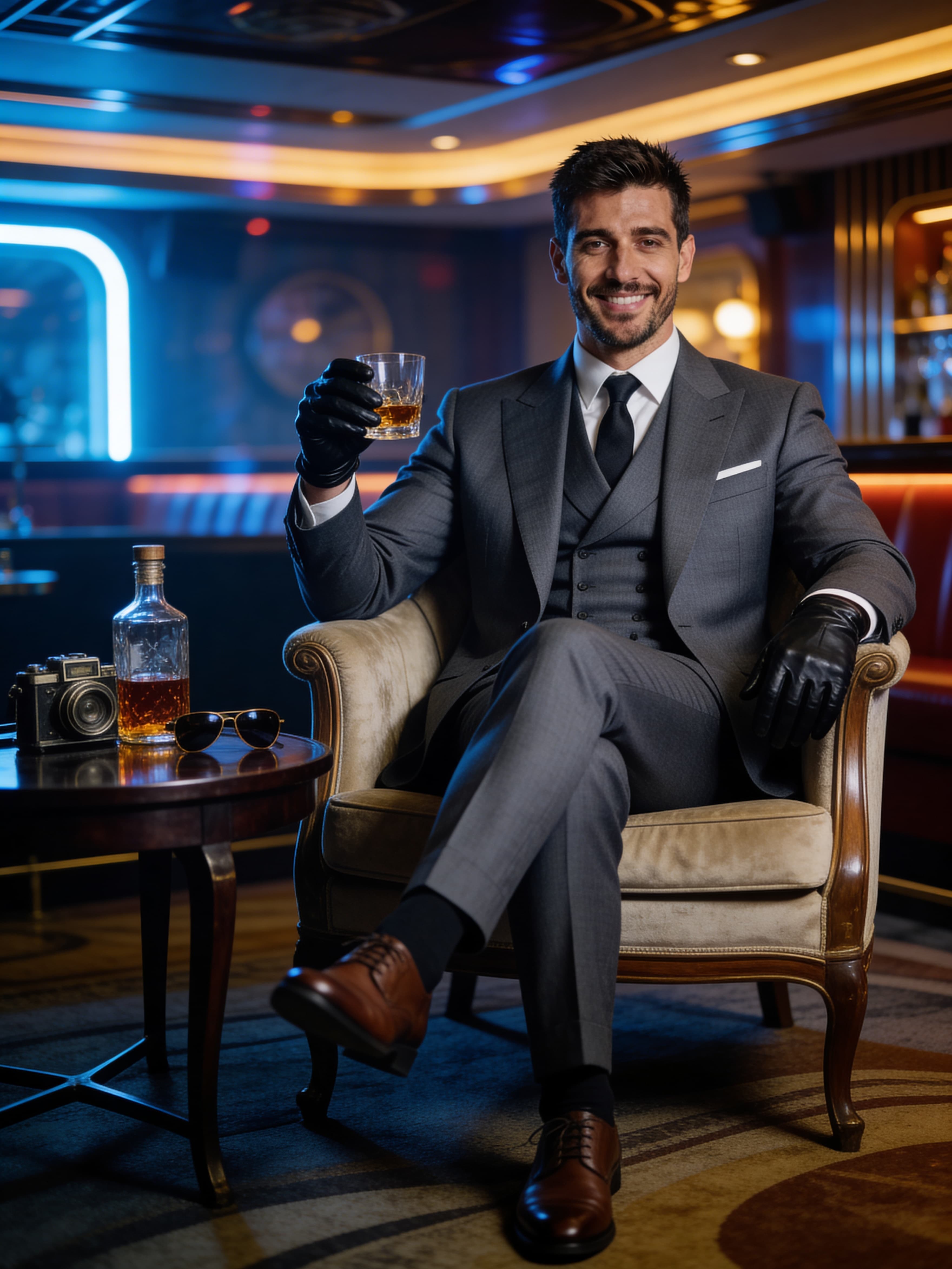 Example: man in three-piece suit seated in vintage lounge holding whiskey