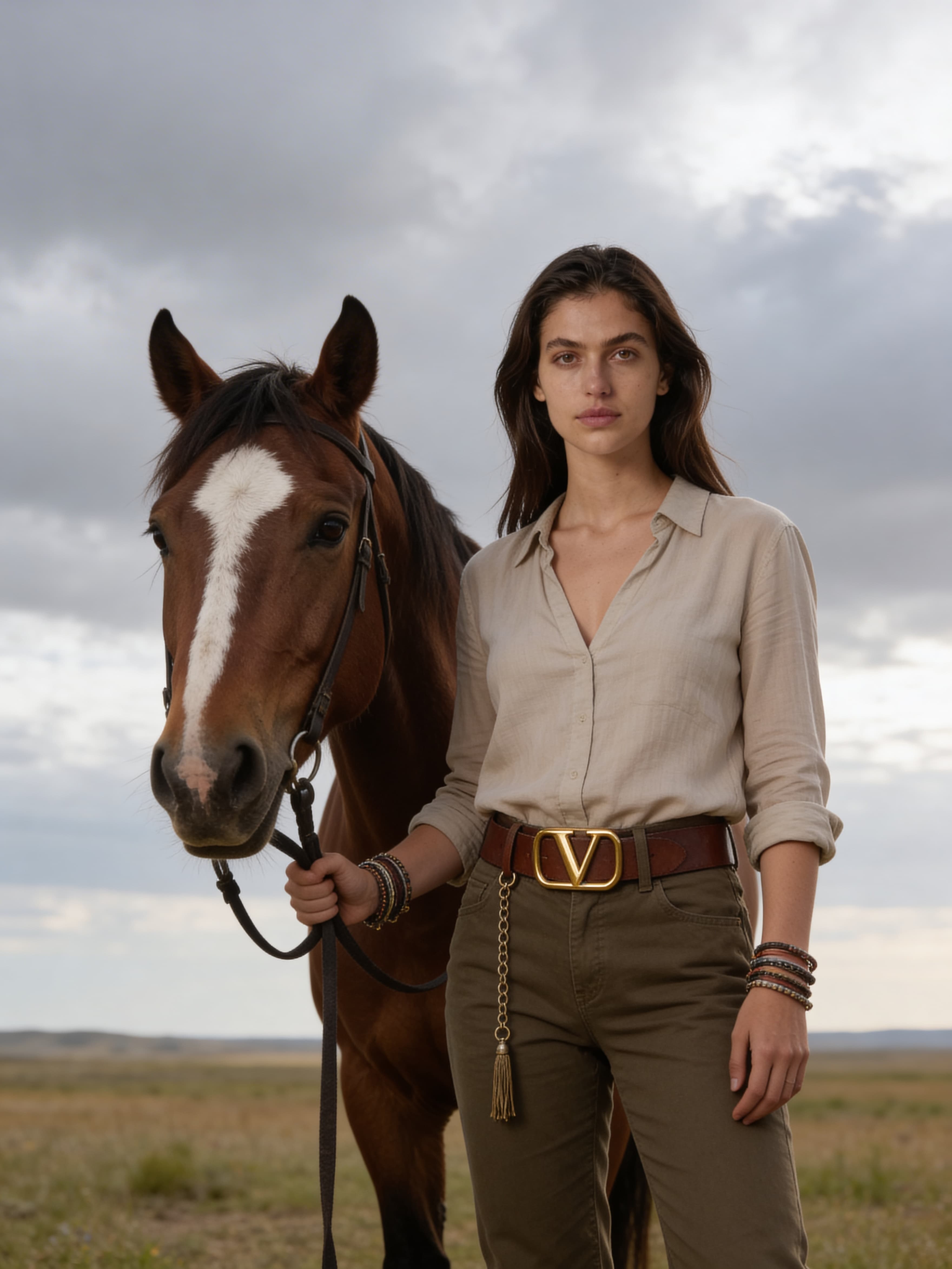 Example: woman standing beside horse in cloudy prairie landscape