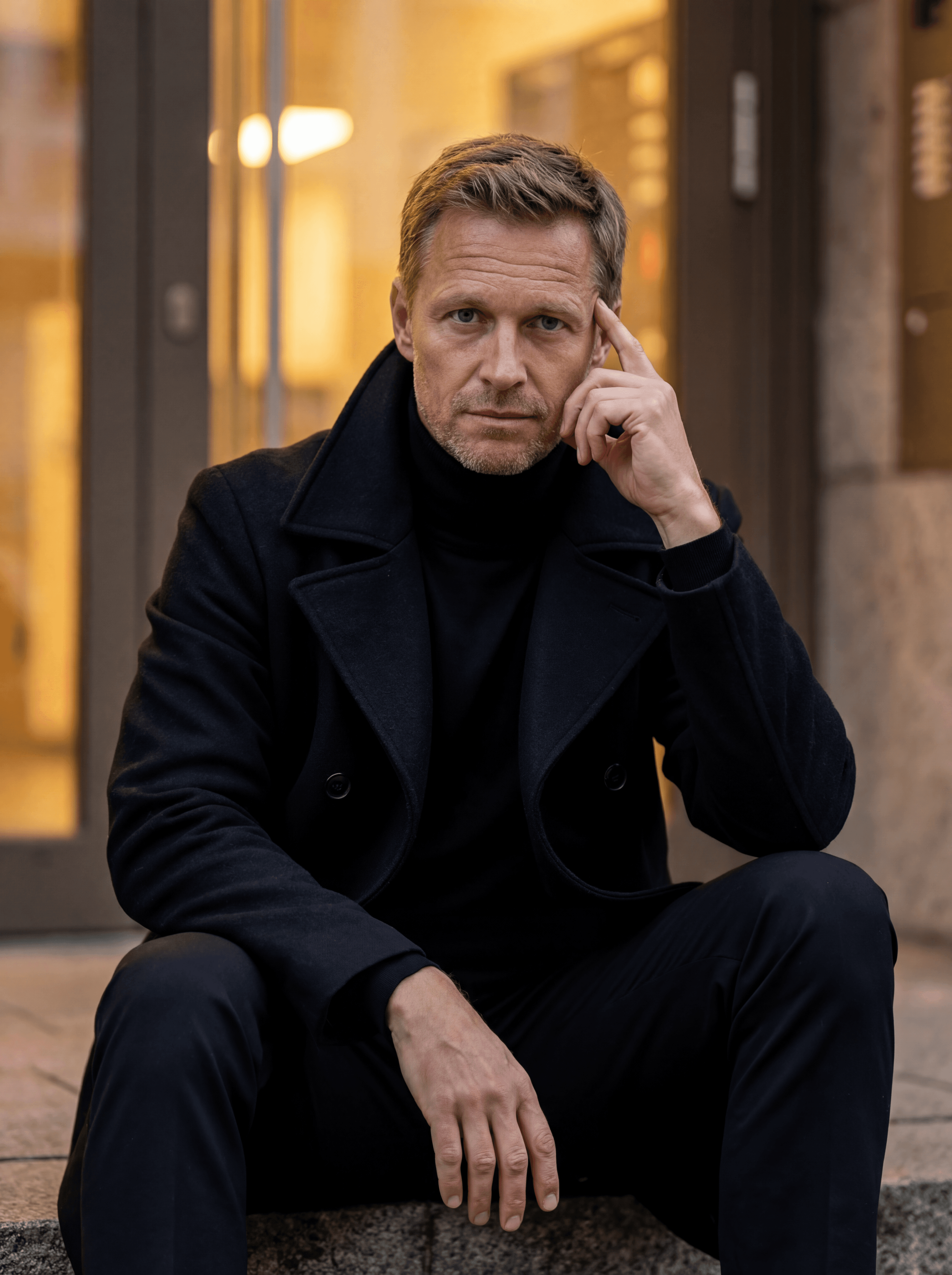 Example: cinematic urban portrait on stone steps