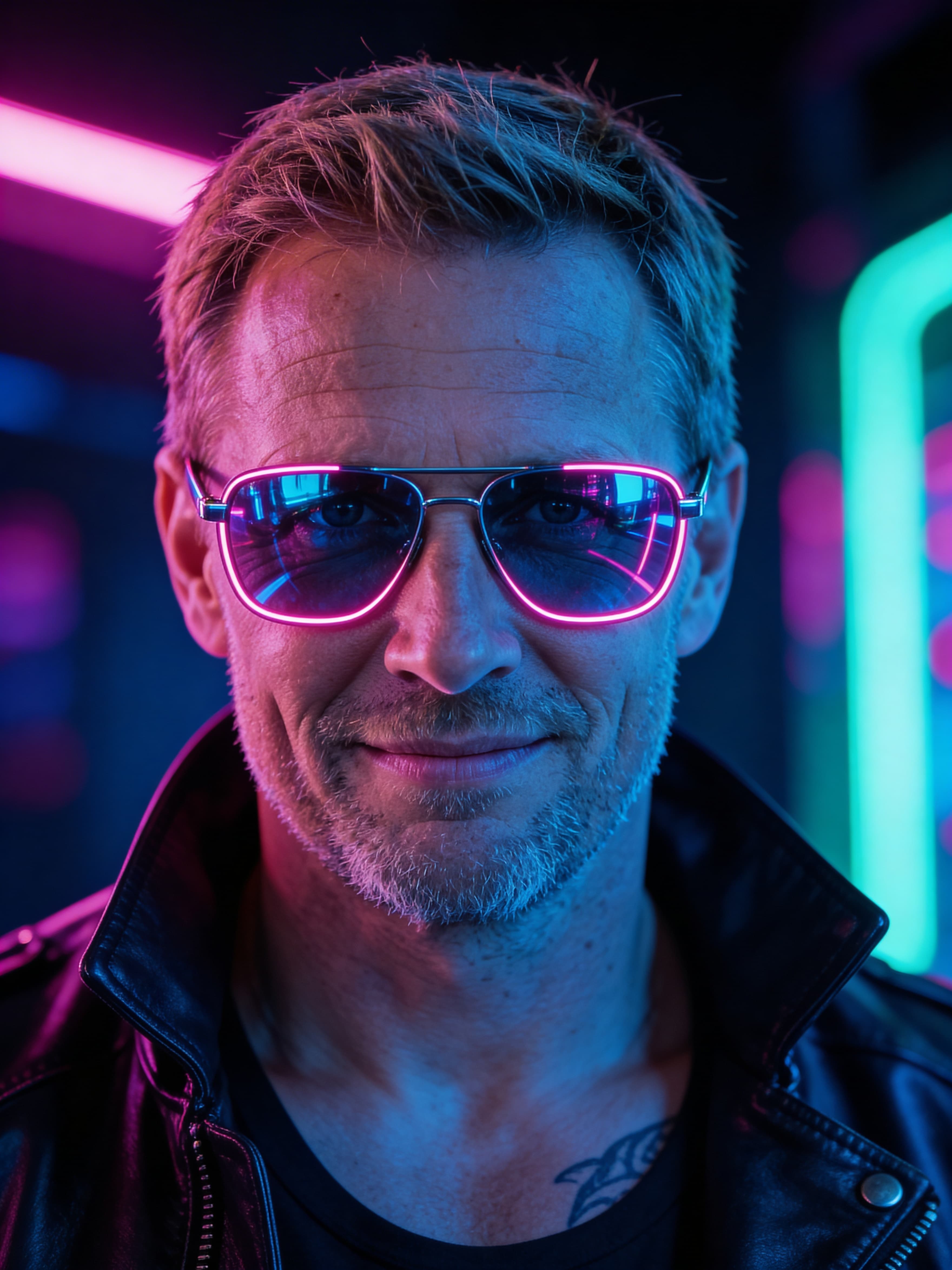 Example: close-up cyberpunk portrait with mirrored sunglasses and neon magenta-cyan lighting