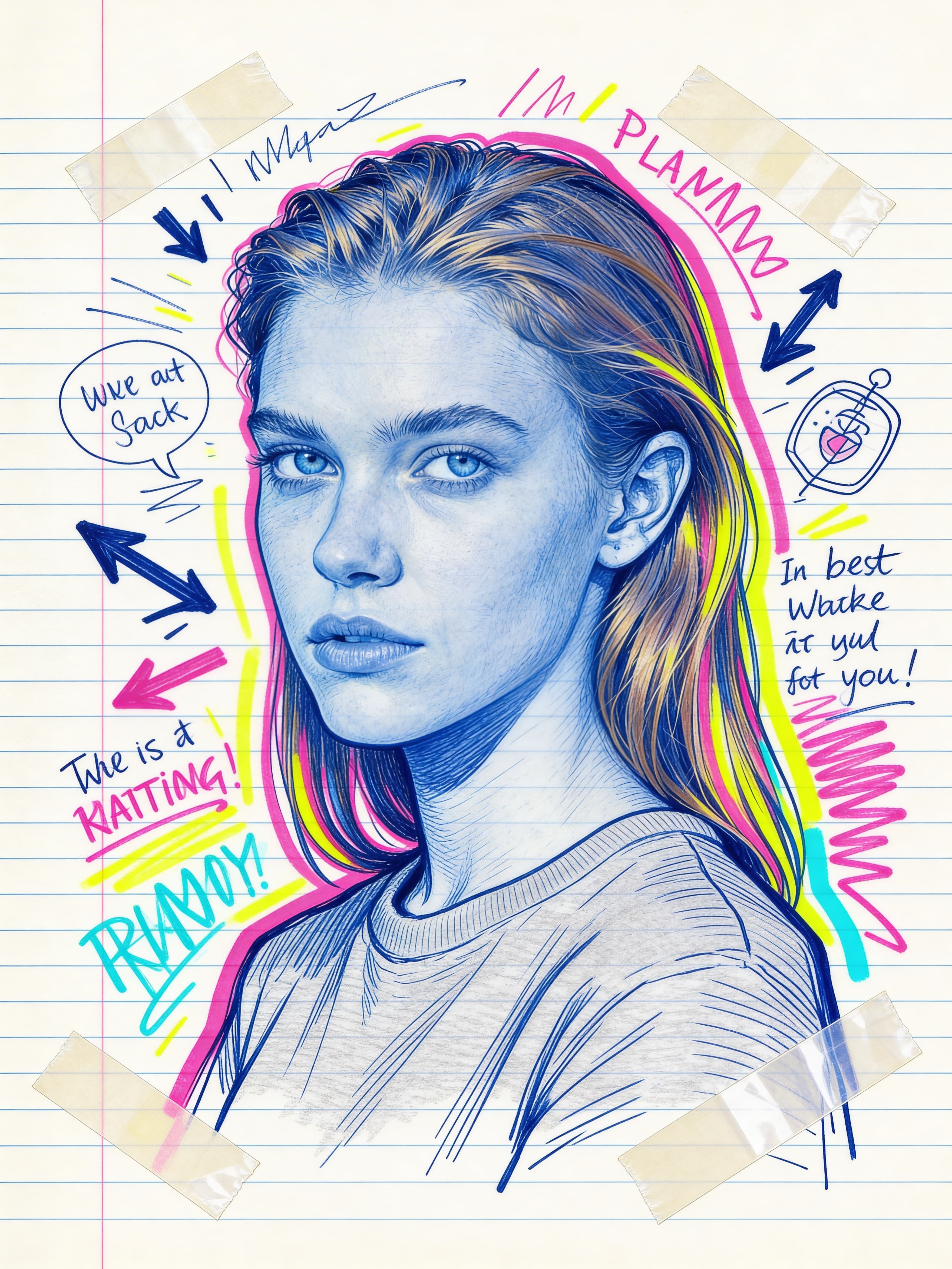 Example: mixed-media doodle portrait on lined notebook paper with scribbles and tape