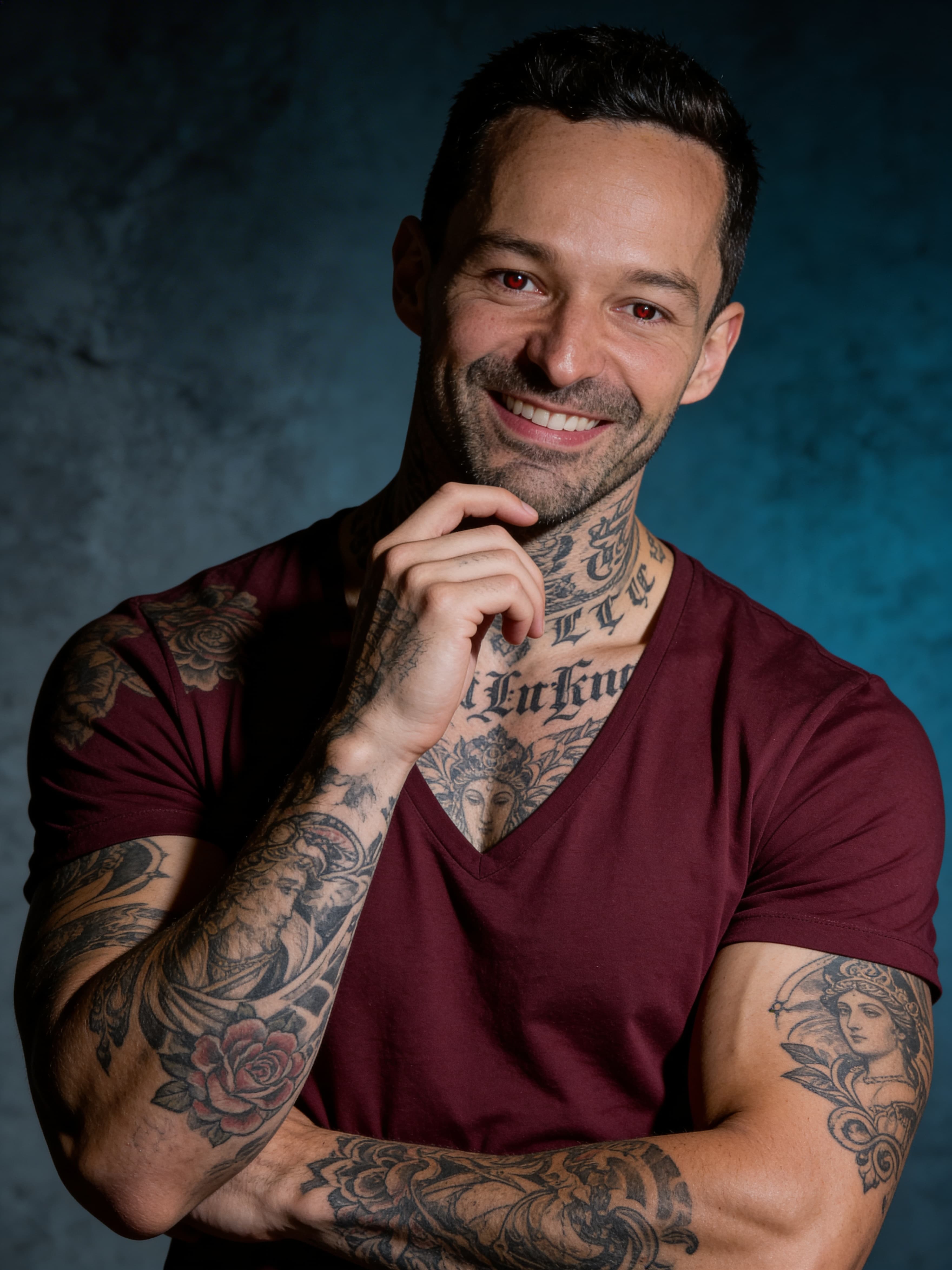Example: moody studio portrait of tattooed man in burgundy V-neck shirt