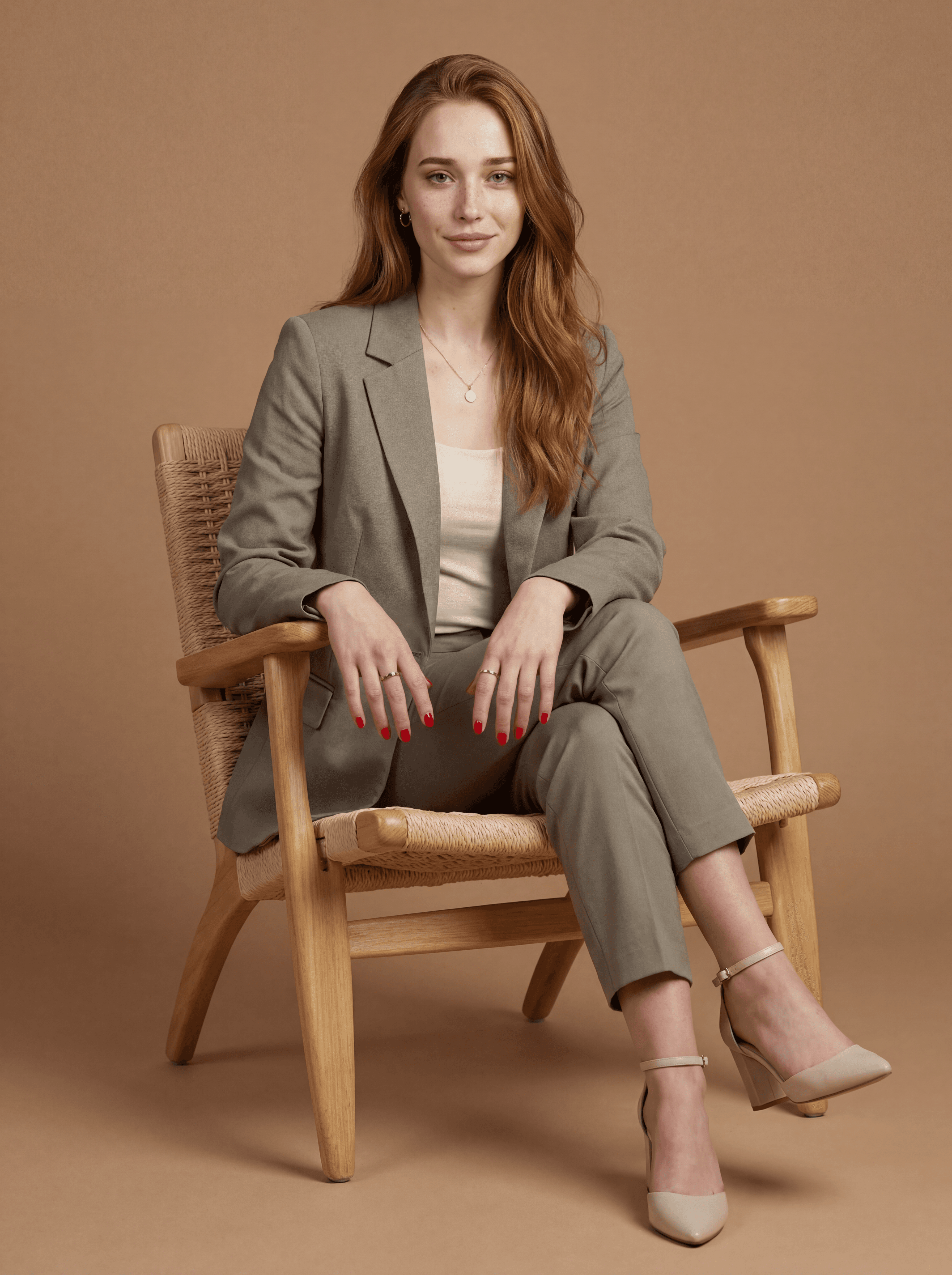 Example: woman in neutral tailored suit seated in light wooden chair