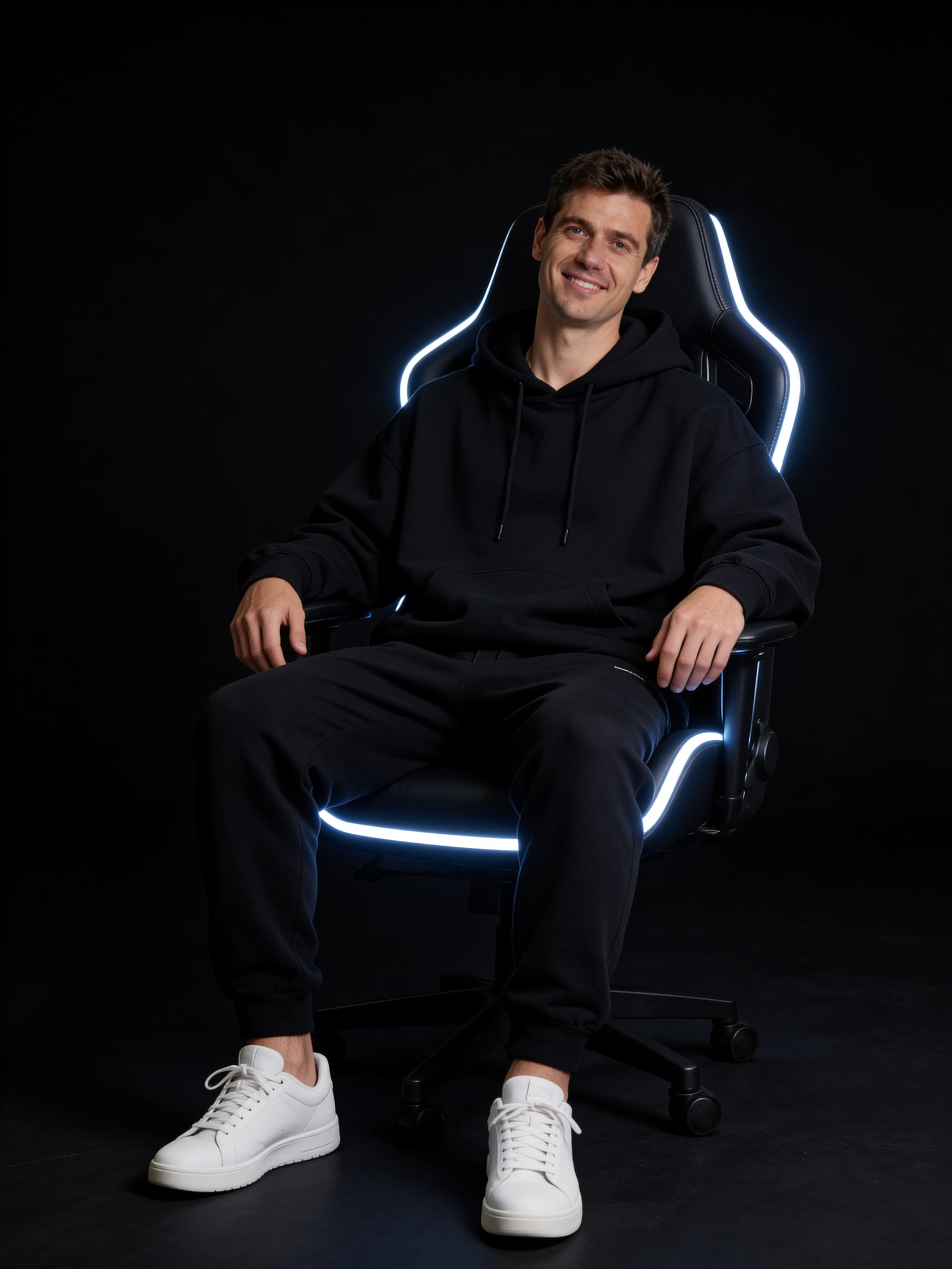 Example: man in oversized black outfit seated in black LED gamer chair