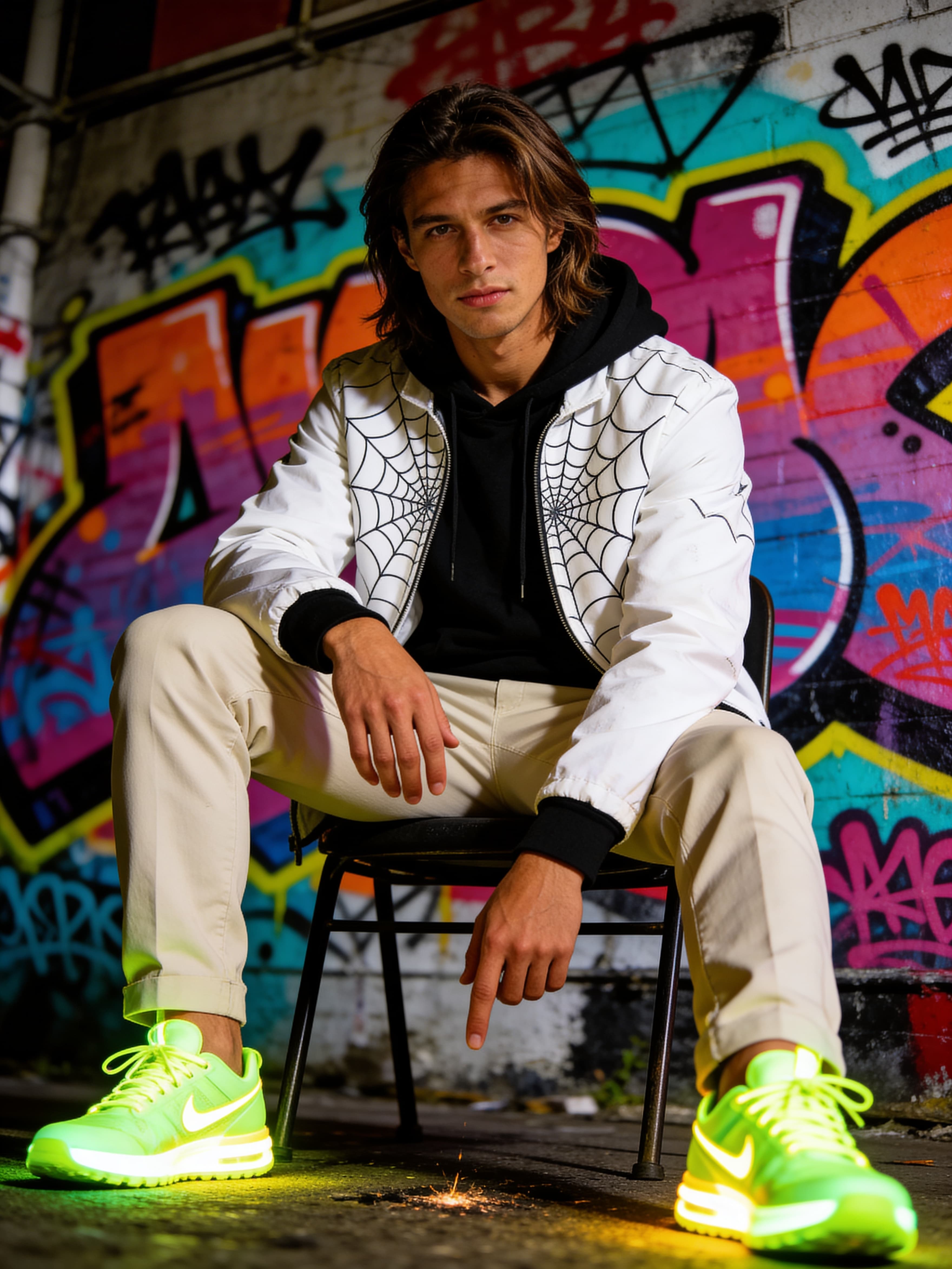 Example: man in streetwear seated before colorful graffiti wall