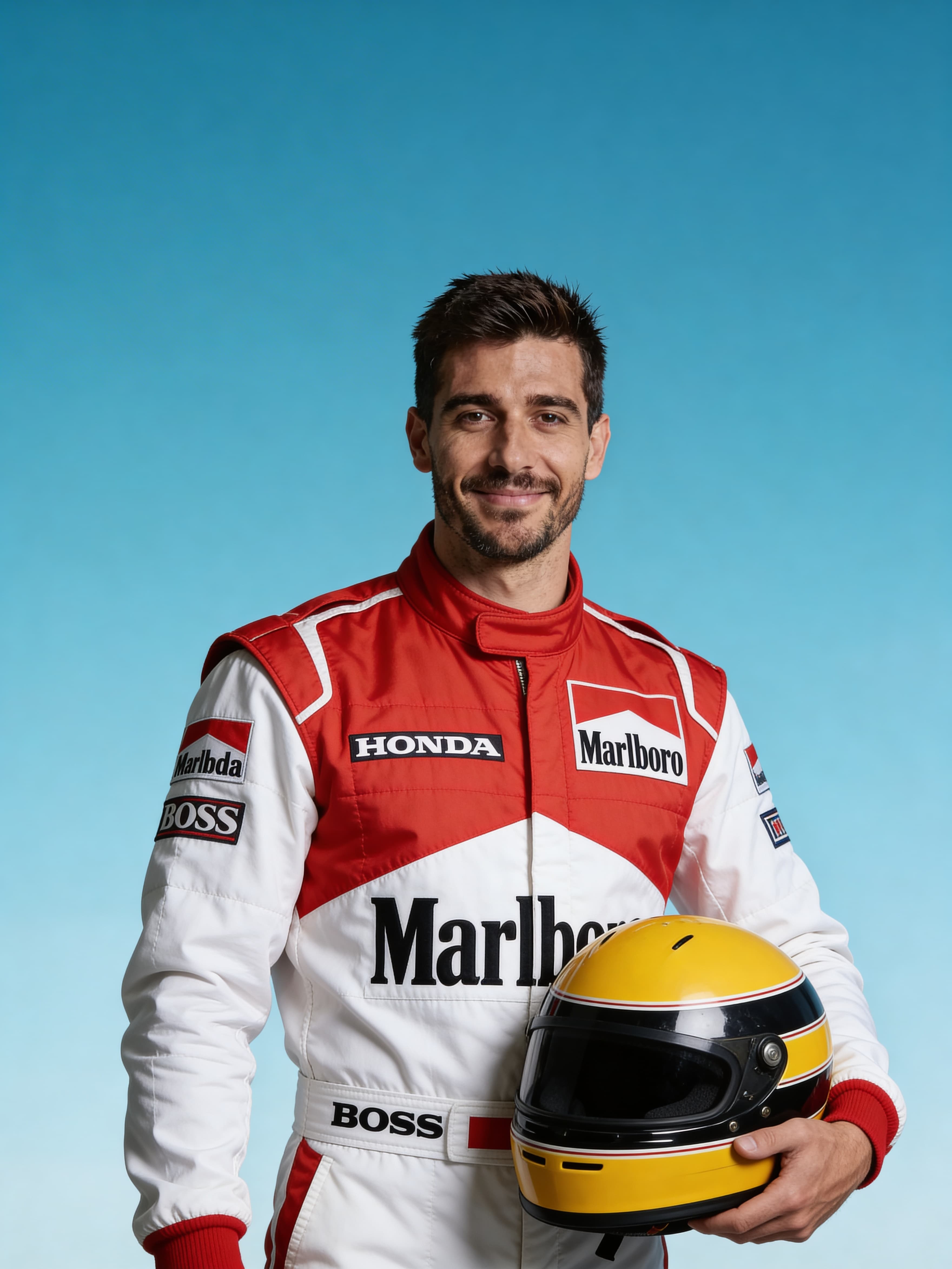 Example: professional studio portrait of man in vintage Formula 1 racing suit