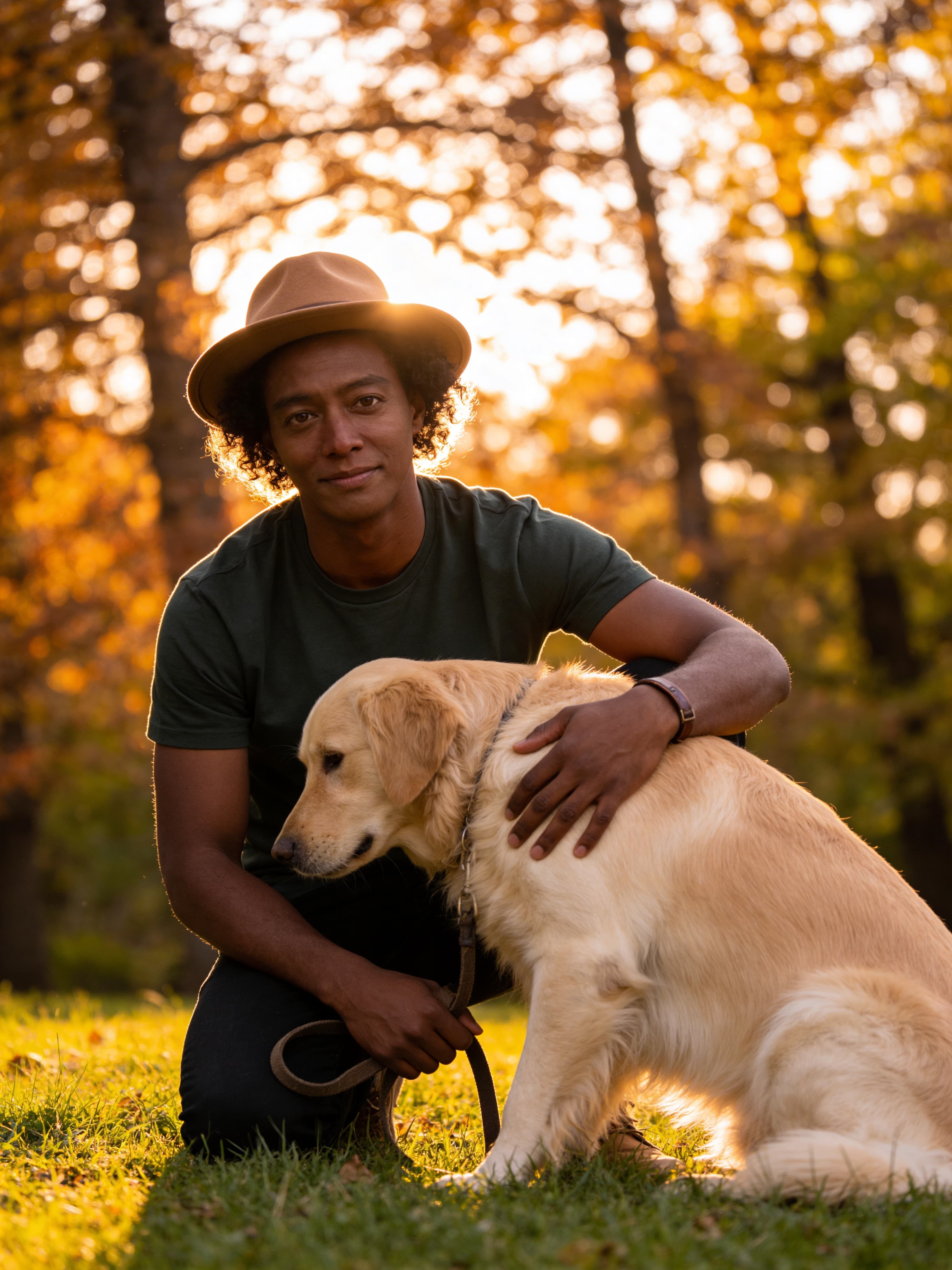 Example: man kneeling with golden retriever in sunset park backlight