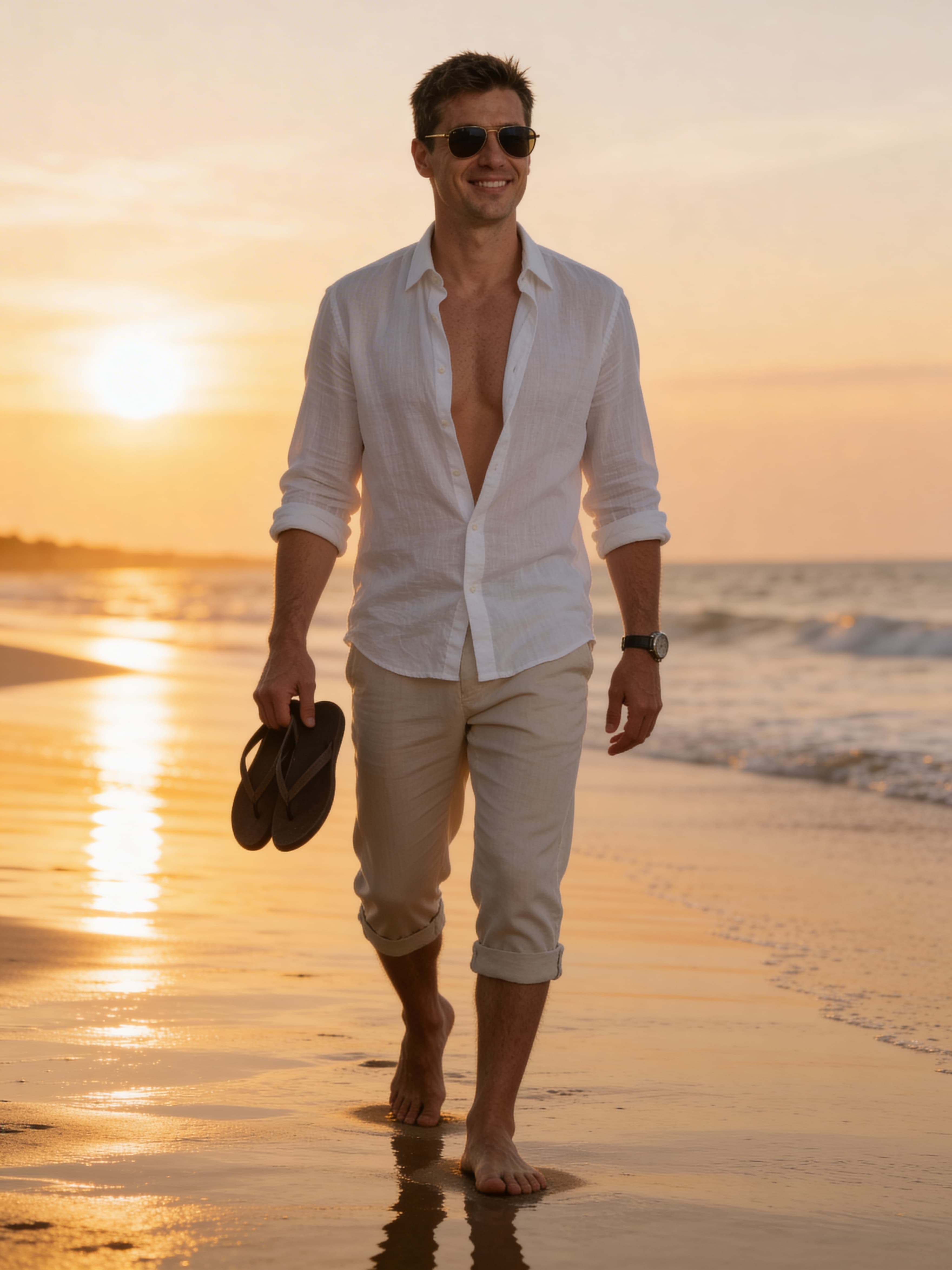 Example: man walking barefoot on wet beach at sunset with linen outfit