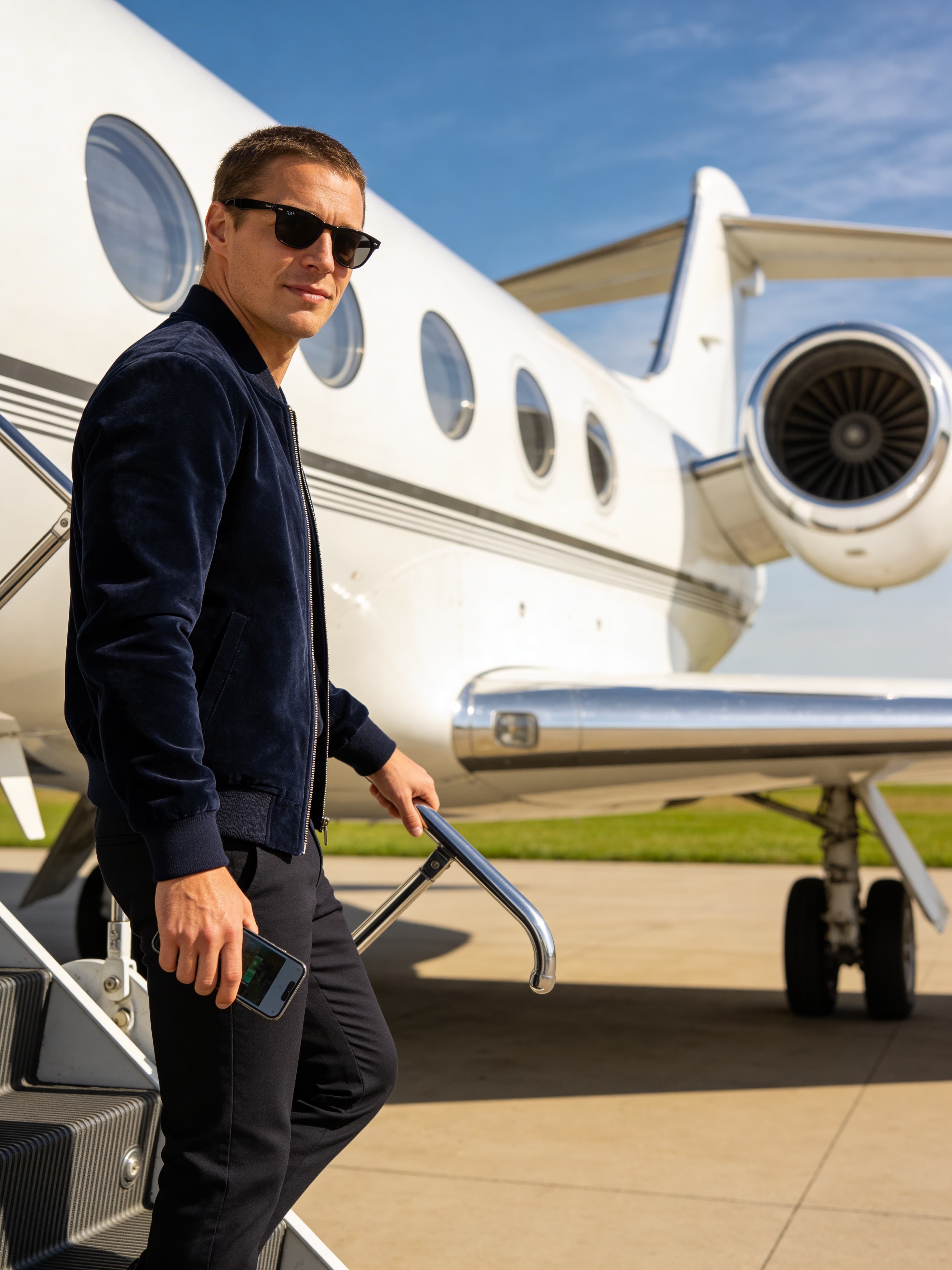 Example: man on private jet stairs holding smartphone with luxury styling