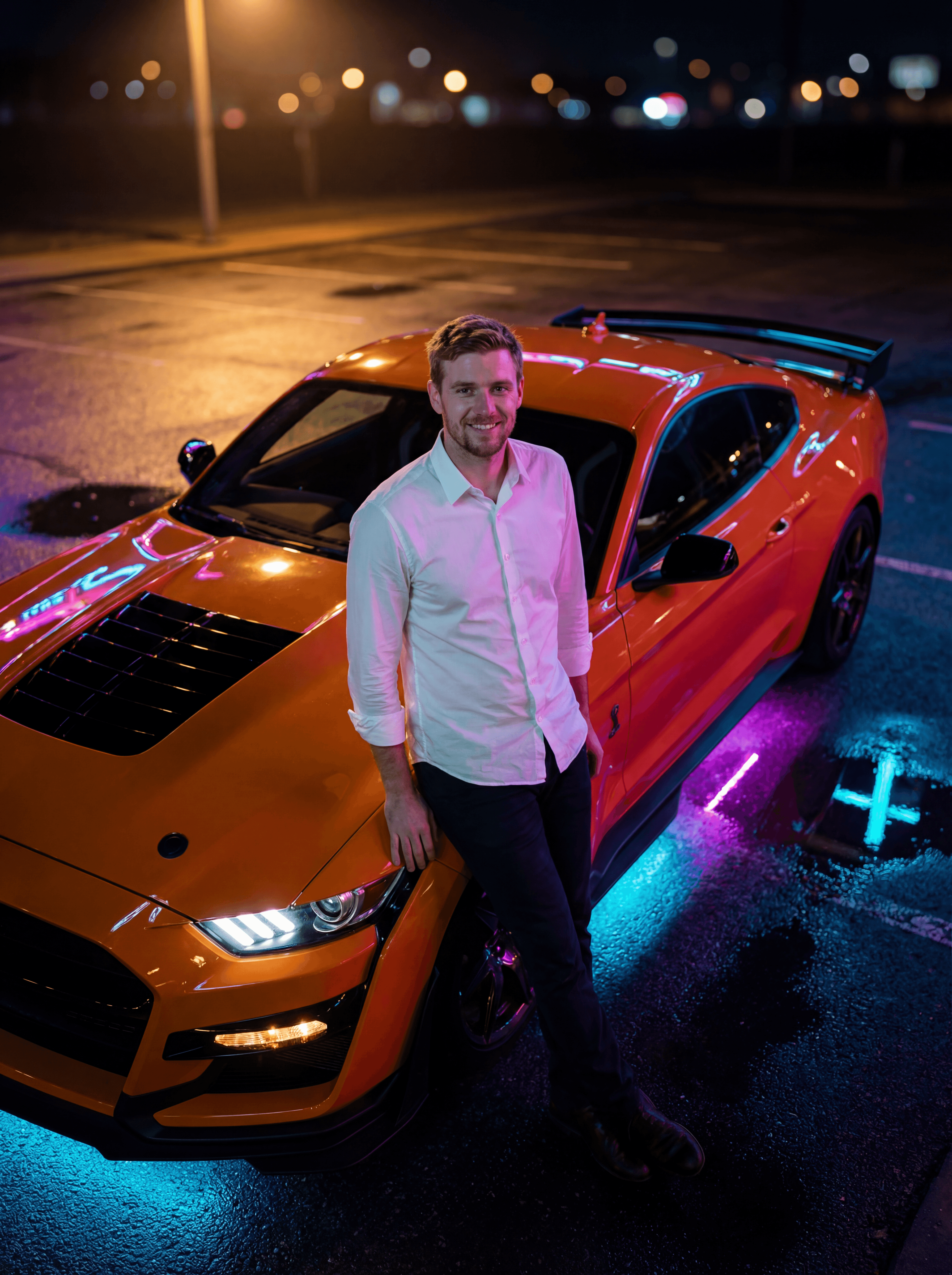 Example: high-angle night portrait with orange Mustang and neon blue-magenta lighting