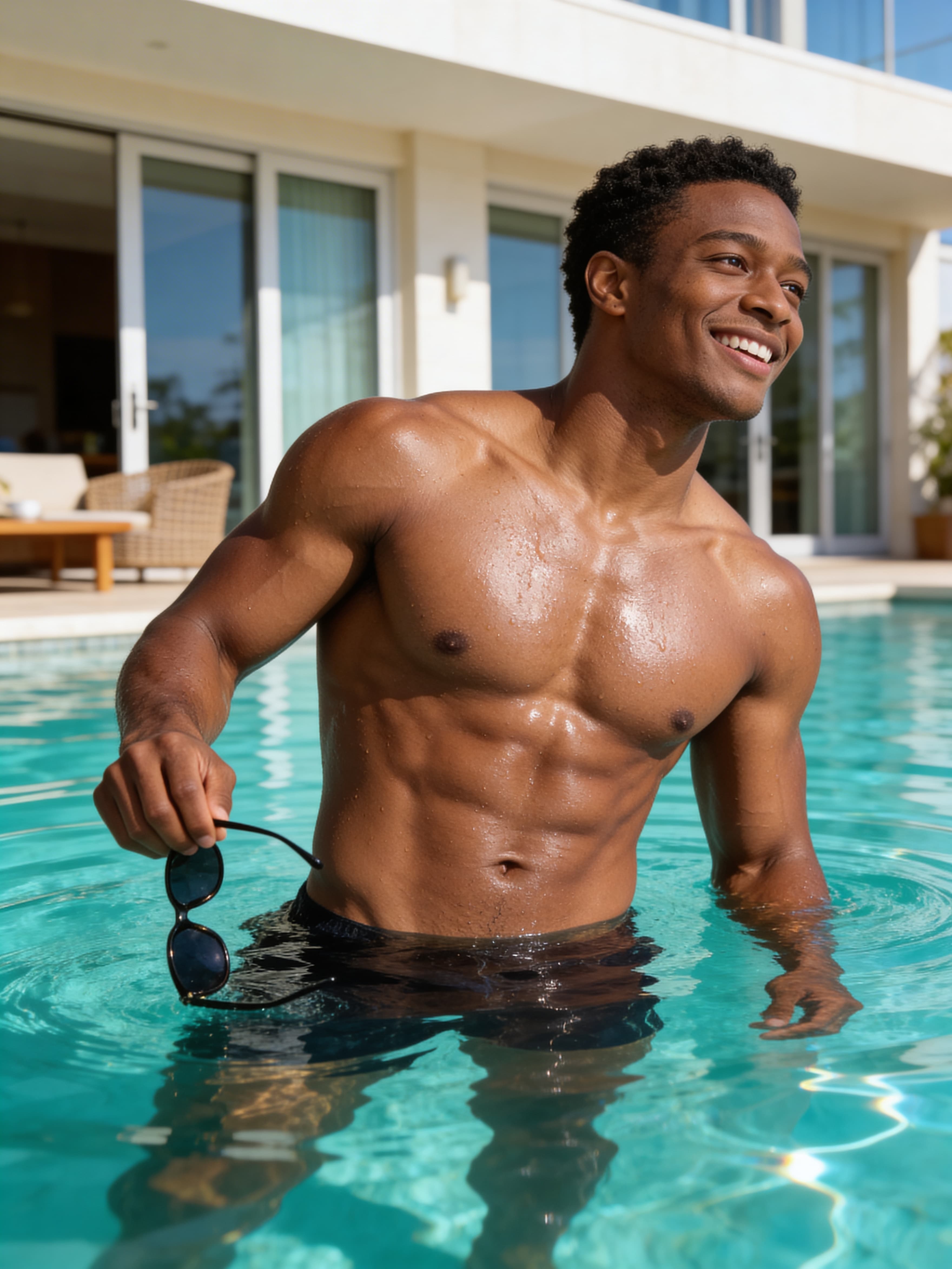 Example: man in luxury pool with bright sunlight and resort backdrop