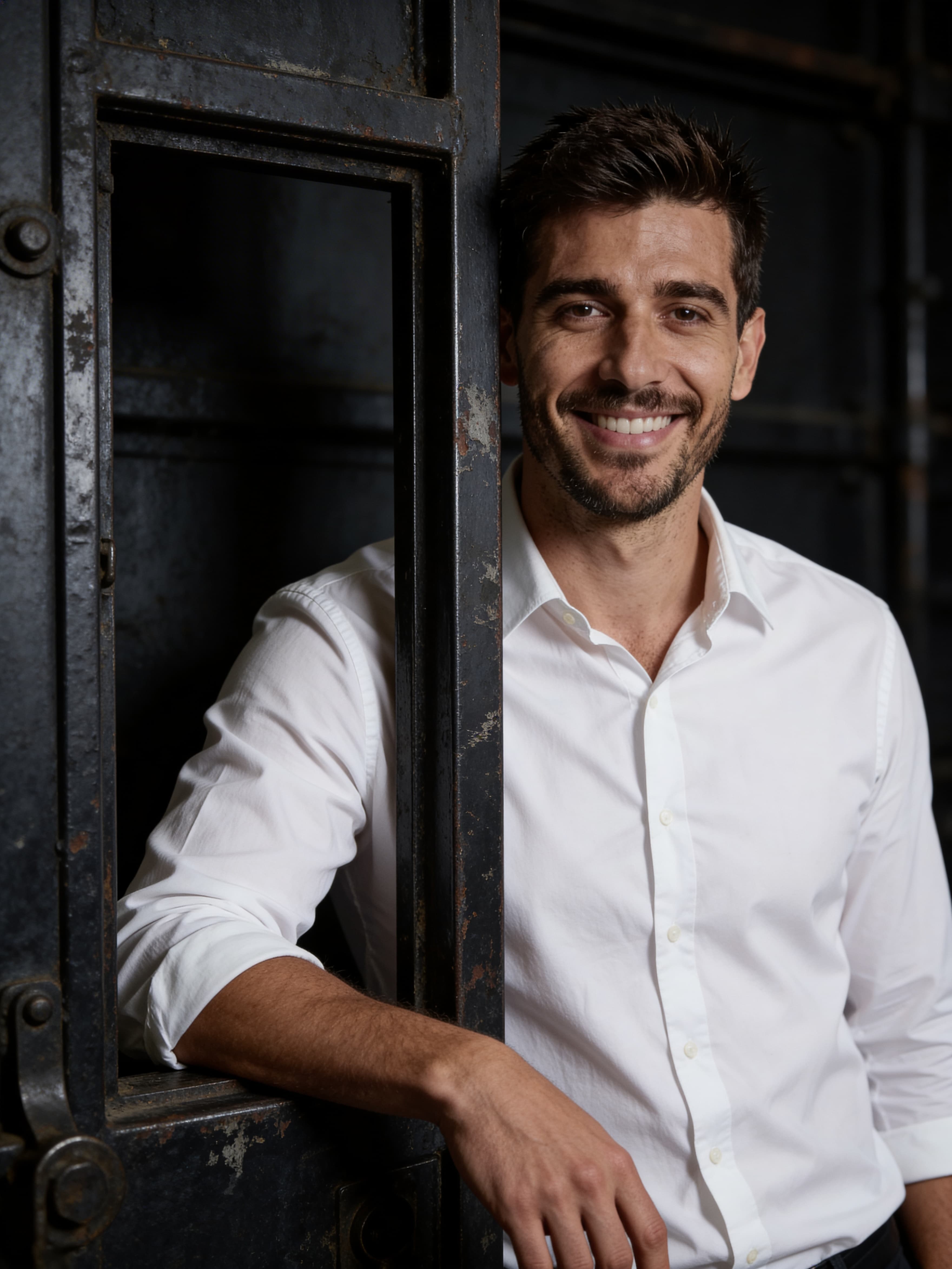 Example: man leaning on weathered industrial metal doorway in cinematic lighting