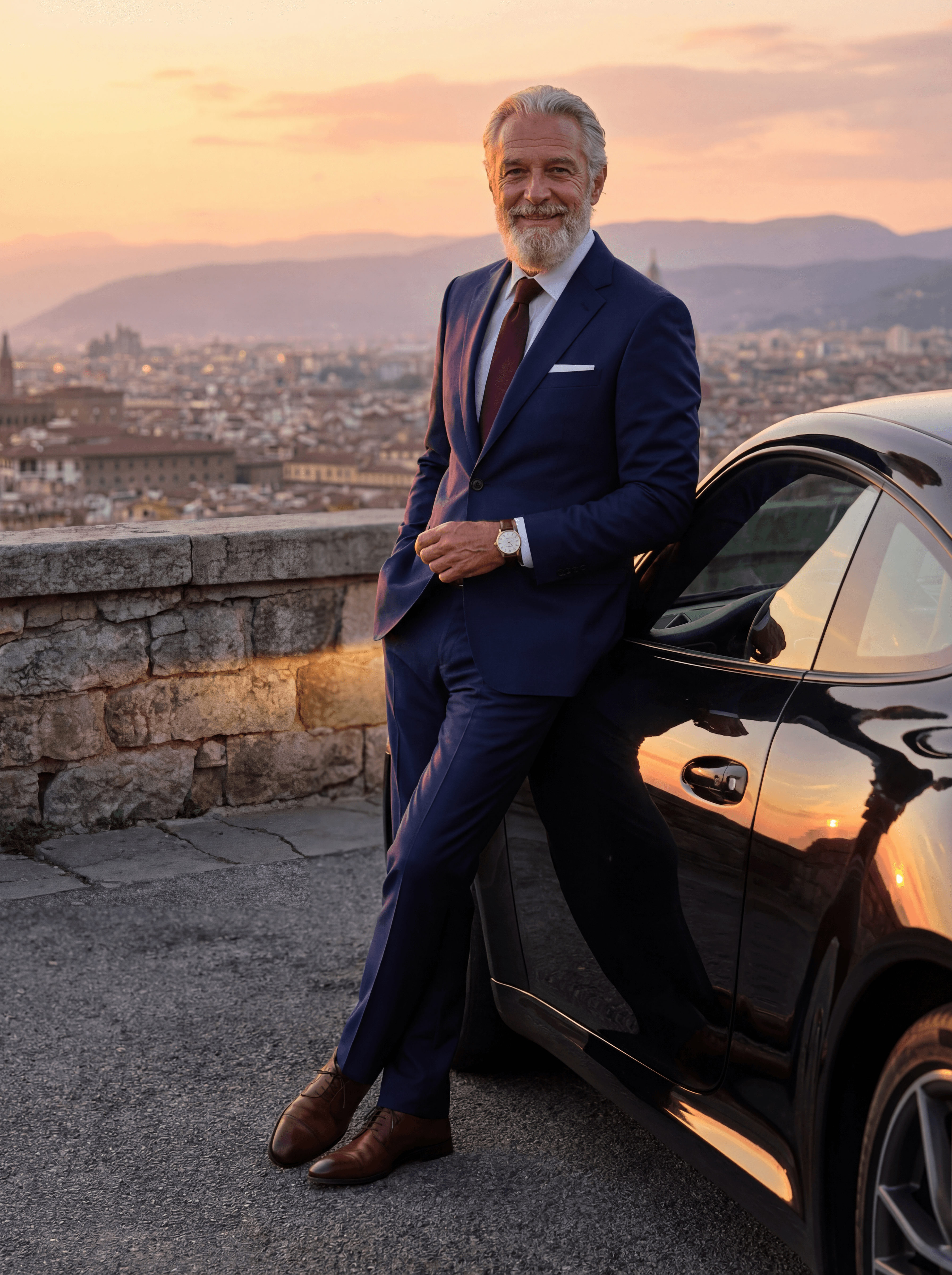 Example: man in suit leaning on a black sports car at sunset