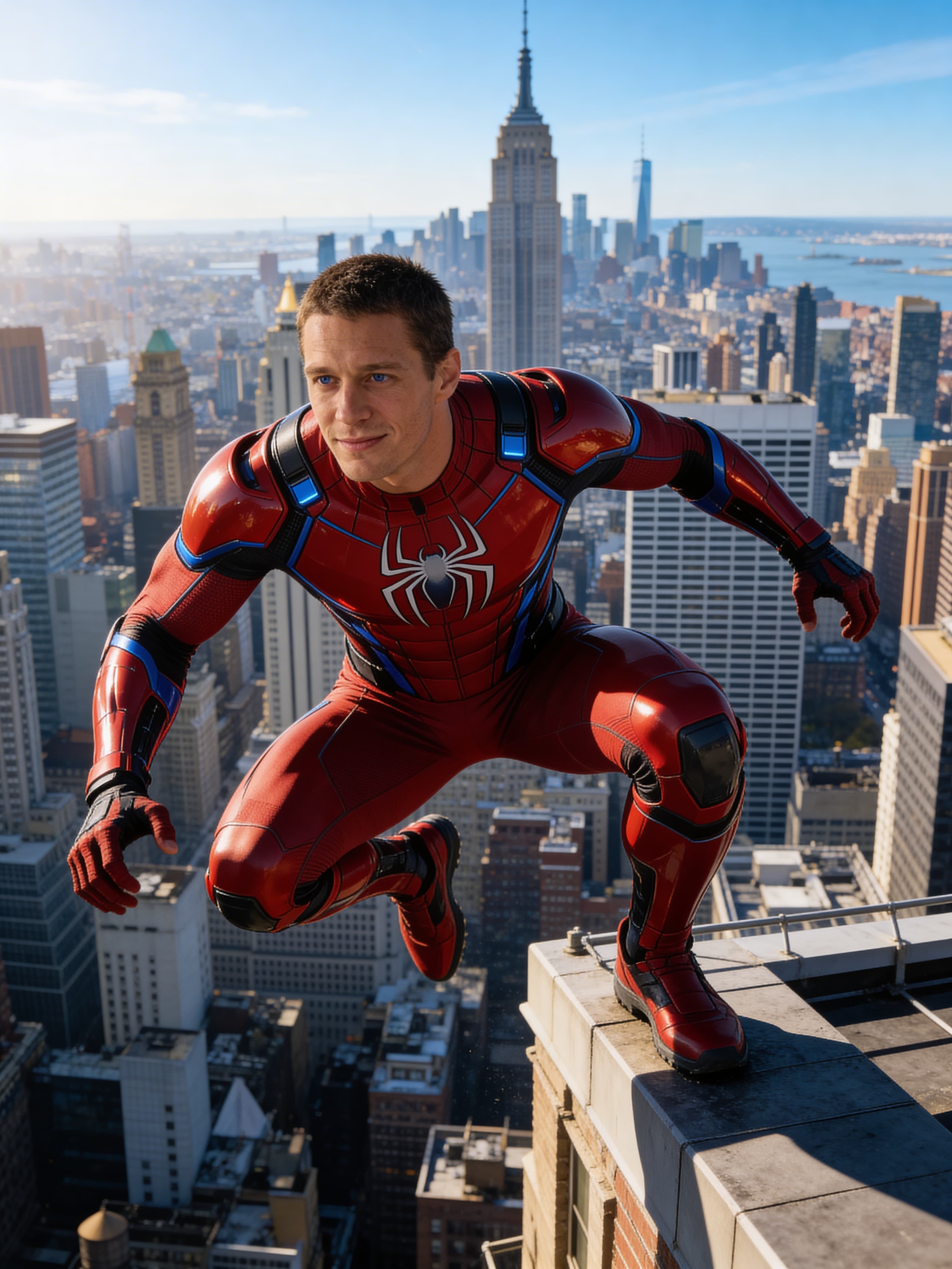 Example: man crouched on skyscraper edge in red tactical spider-graphic suit