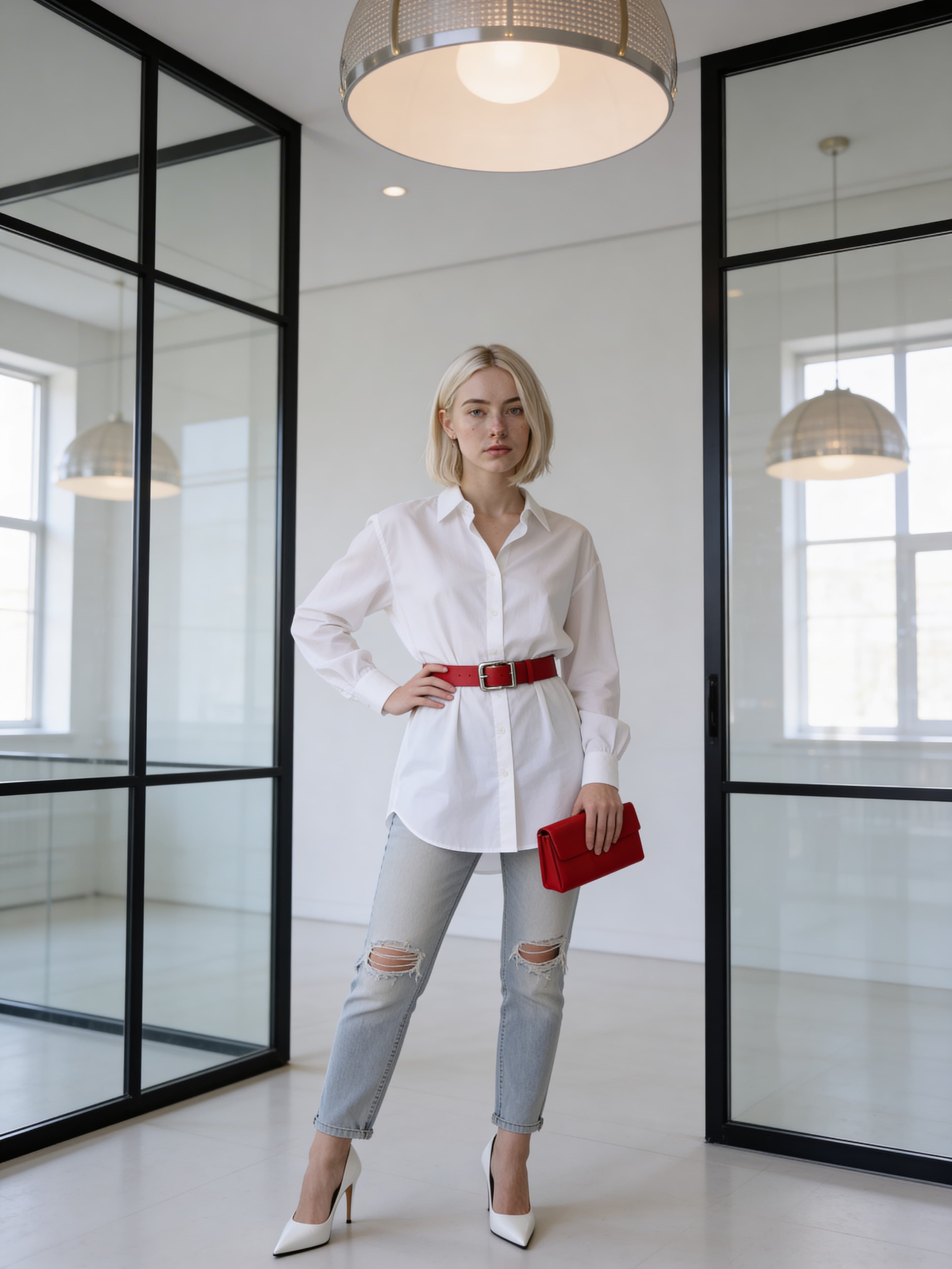 Example: woman in oversized white shirt and distressed jeans holding red clutch
