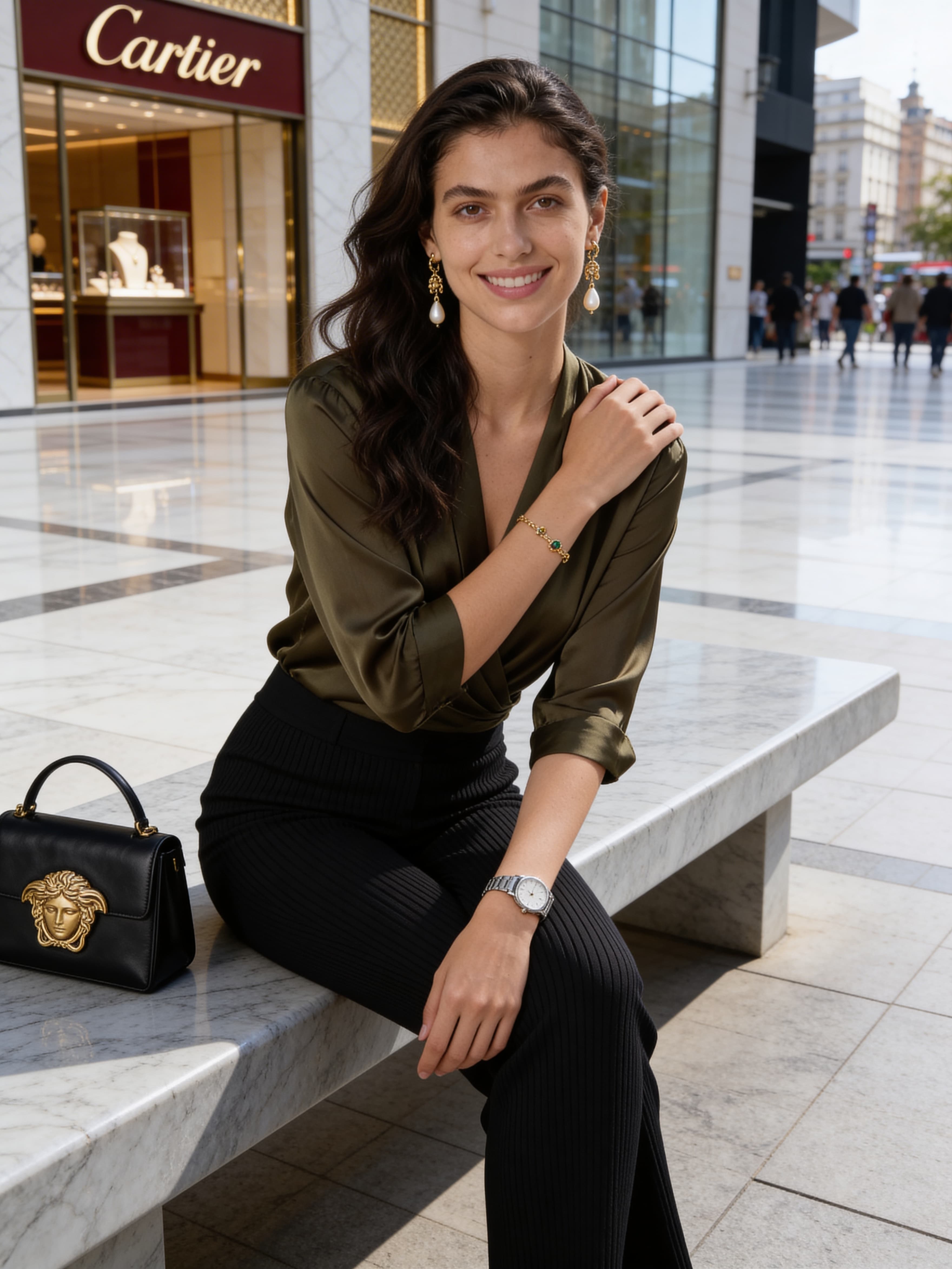 Example: woman seated on marble bench near luxury storefront in urban plaza