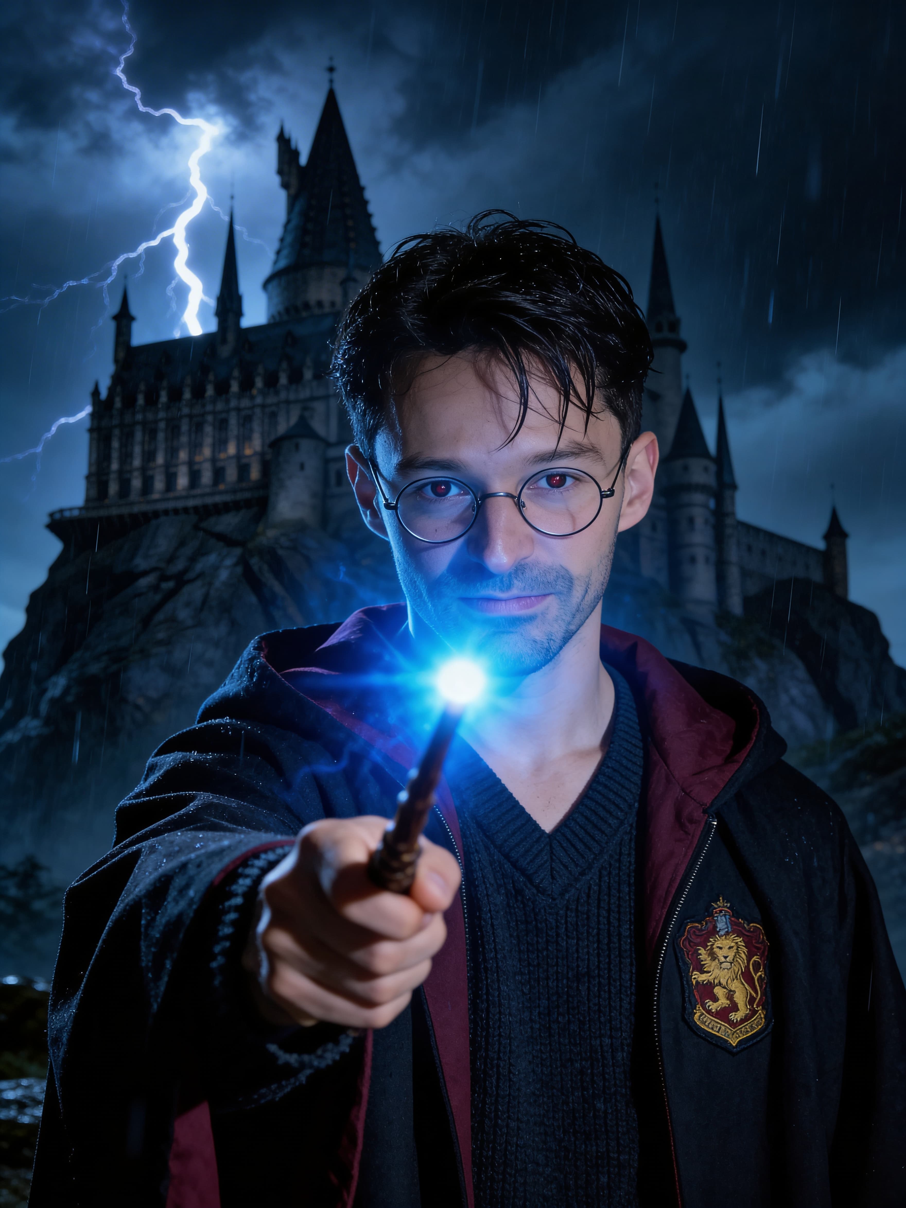 Example: heroic young wizard portrait with glowing blue wand and stormy castle
