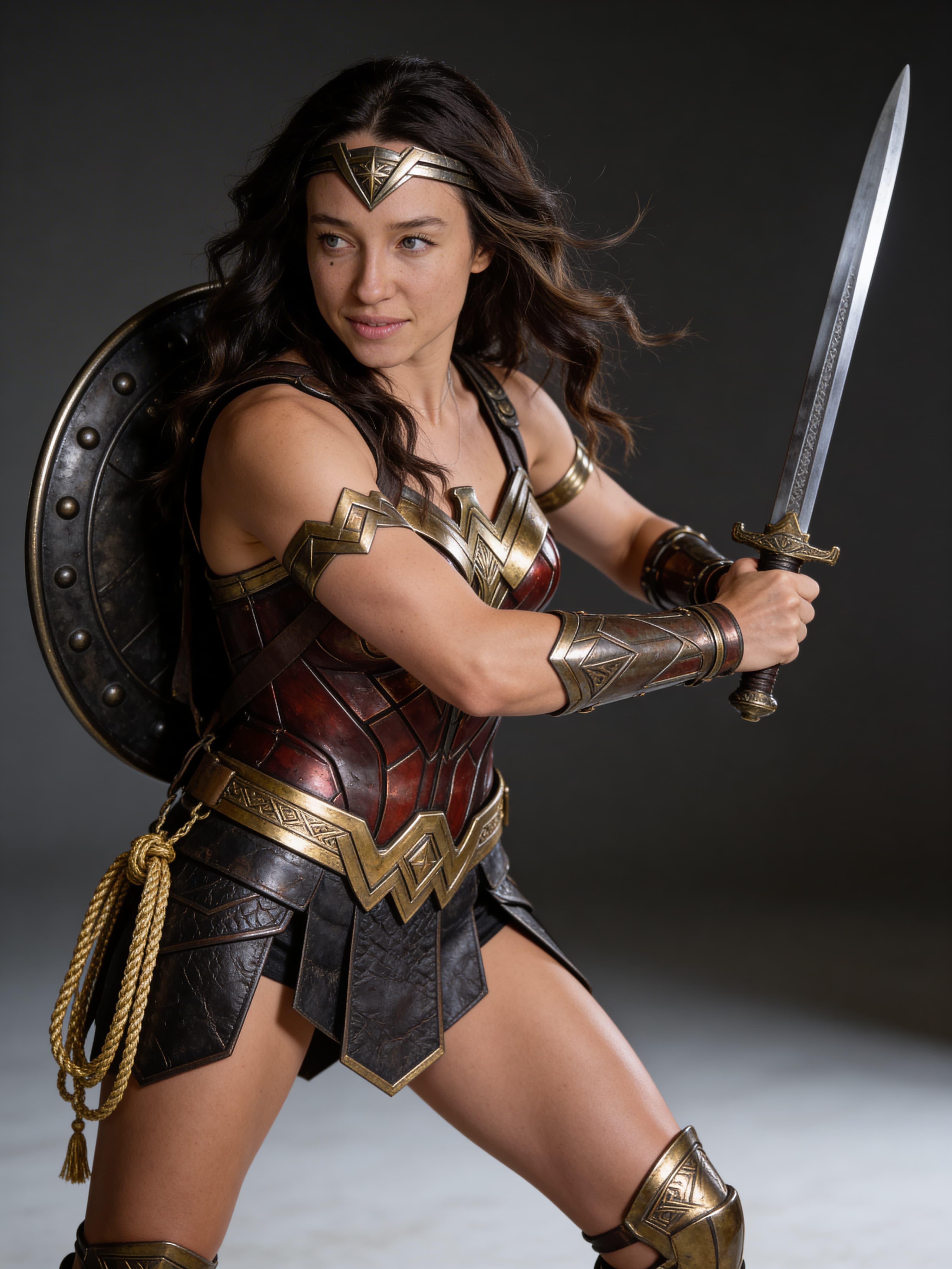 Example: woman as Amazon warrior in bronze-gold armor with sword and shield