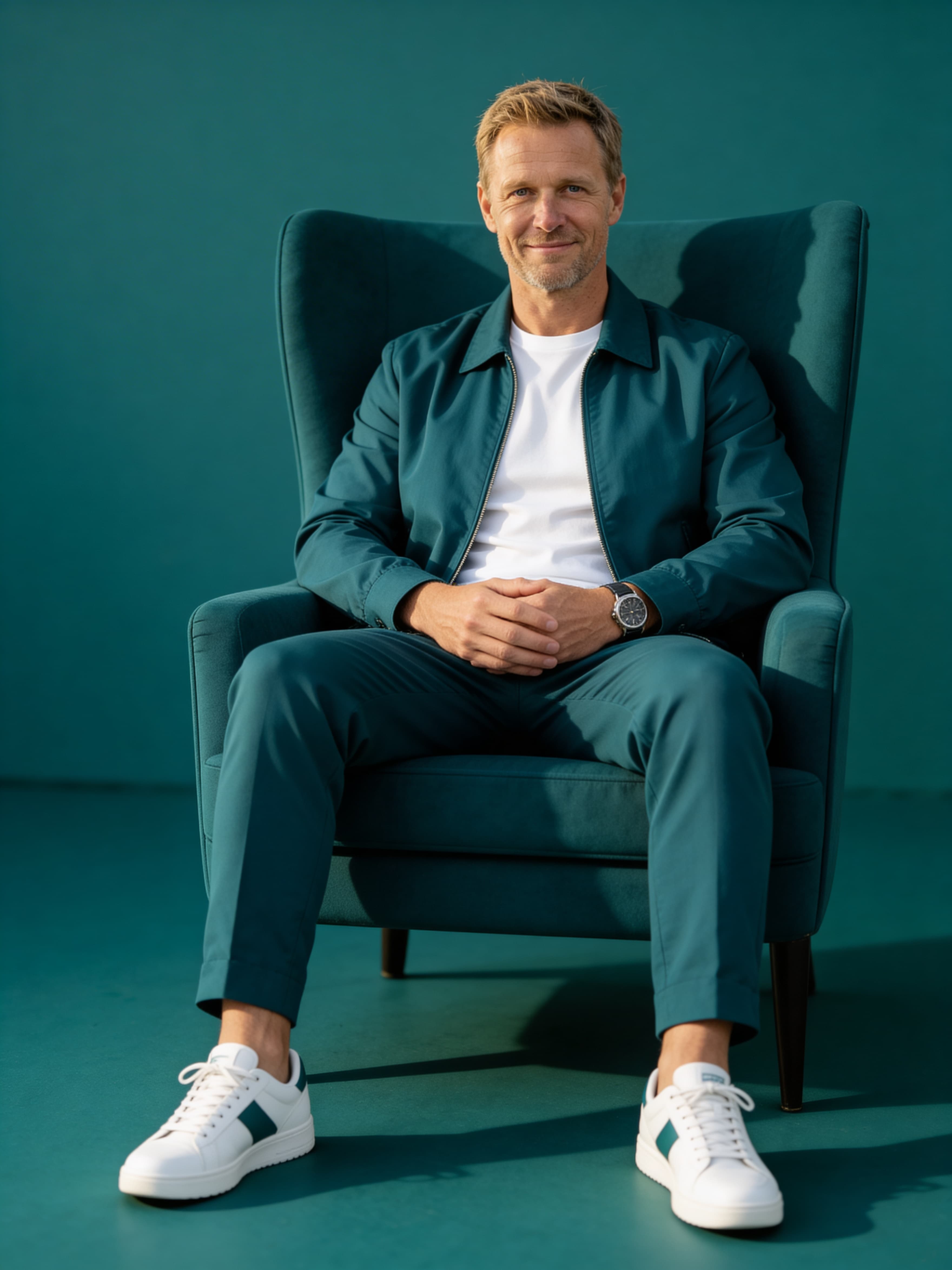 Example: man seated upright in monochrome studio with matching outfit and chair