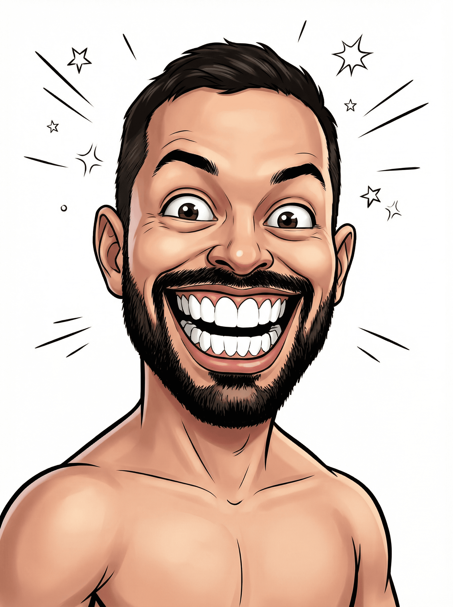 Example: shirtless comic caricature portrait