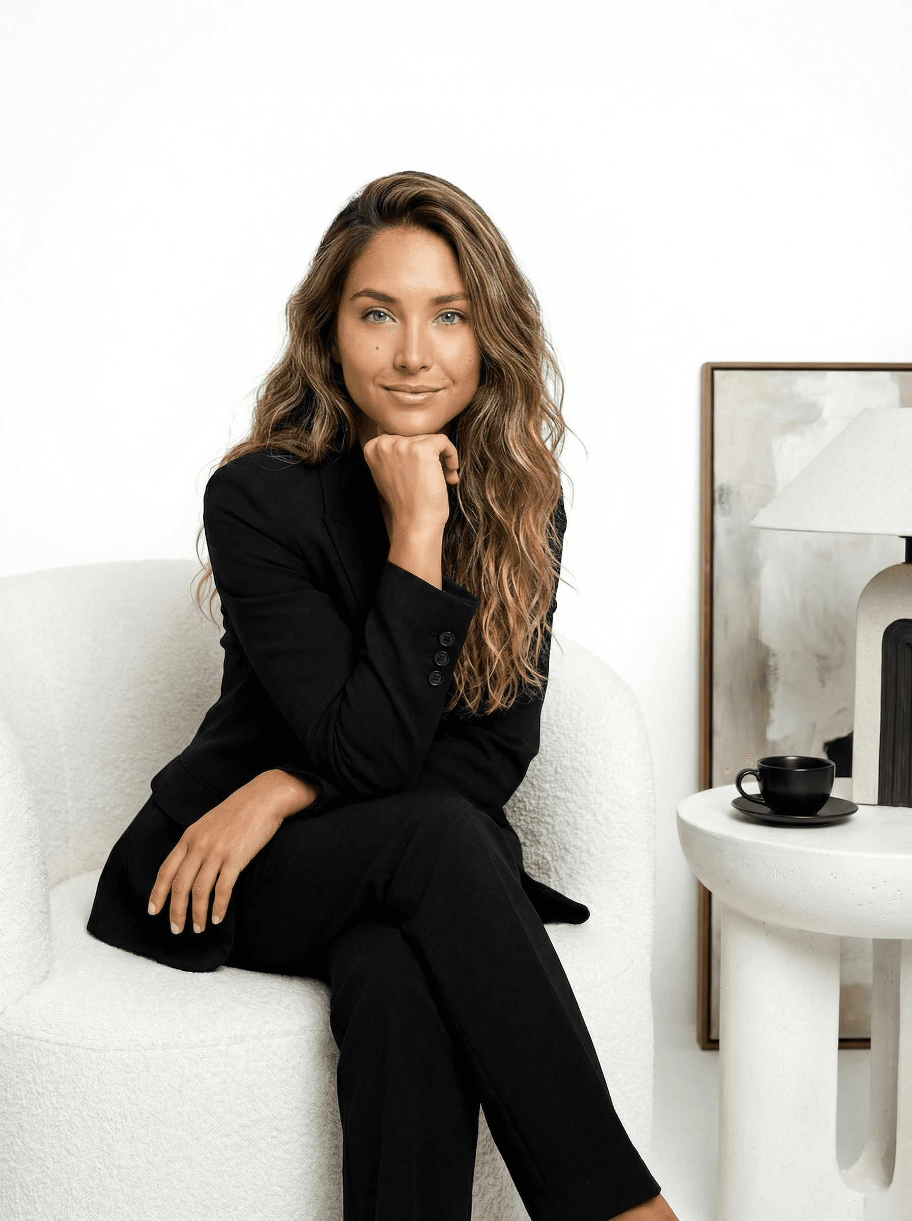 Example: cinematic editorial portrait in black suit seated on a white chair