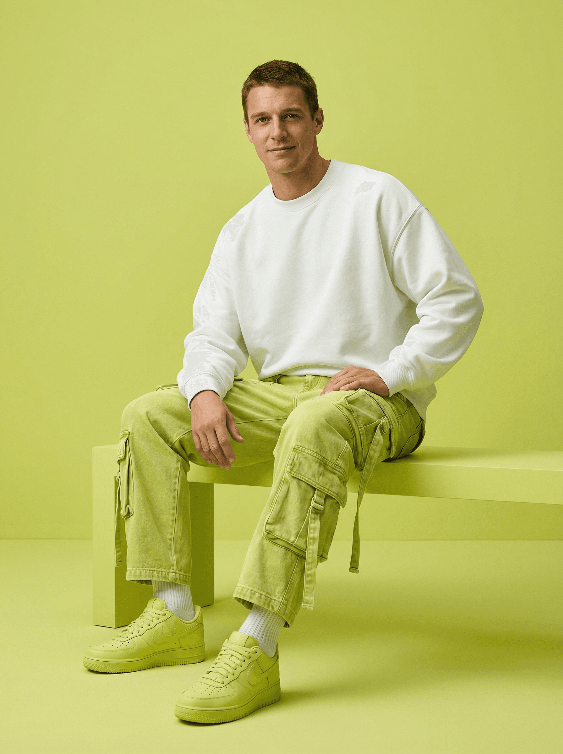 Example: futuristic lemon-green streetwear editorial portrait