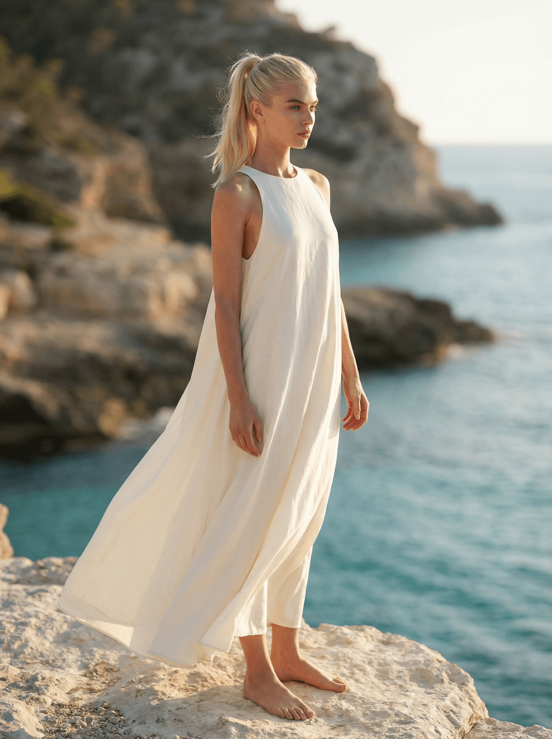 Example: Ibiza quiet-luxury cliff fashion portrait